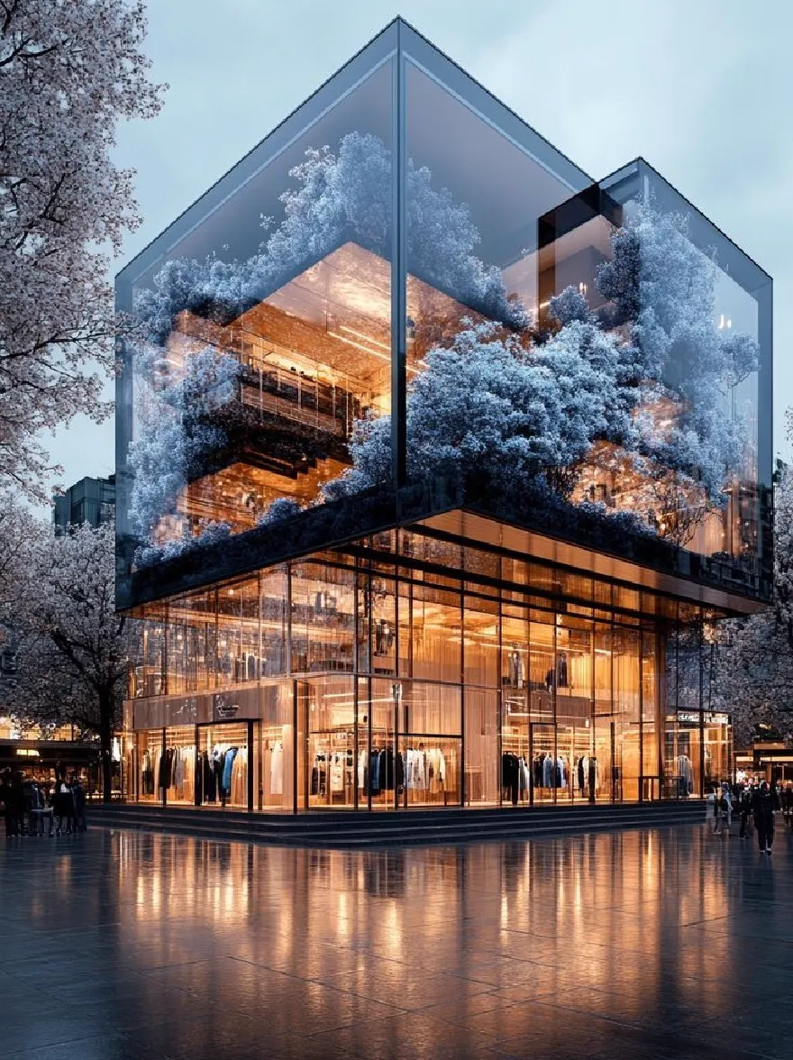 Русский промпт: Фото современного здания стеклянной рамки с уникальным архитектурным дизайном, расположенным на городской площади в сумерках. В здании есть стеклянный фасад, который отражает теплый, золотой свет заходящего солнца, создавая красивую эфирную атмосферу. Фасад украшен кластером белых цветов вишни, добавляя прикосновение природы к в противном случае монохроматической сцены. Люди можно увидеть, прогуливаясь по зданию, восхищаясь сложными деталями структуры. Небо глубоко синее, с несколькими облаками, разбросанными по нему, и общее настроение мирное и безмятежное. Изображение имеет минималистскую, минималистскую эстетику, с чистыми линиями и акцентом на естественную красоту здания. | Original prompt: Photo of a modern, glass-framed building with a unique architectural design, located in a city square at dusk. The building has a glass facade that reflects the warm, golden light of the setting sun, creating a beautiful, ethereal atmosphere. The facade is adorned with a cluster of white cherry blossoms, adding a touch of nature to the otherwise monochromatic scene. People can be seen walking around the building, admiring the intricate details of the structure. The sky is a deep blue, with a few clouds scattered across it, and the overall mood is peaceful and serene. The image has a minimalist, minimalist aesthetic, with clean lines and a focus on the natural beauty of the building.