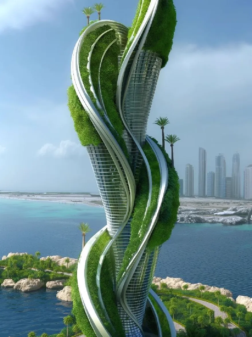 Русский промпт: Футуристический небоскреб с уникальным вертикальным садом на вершине, расположенный посреди прибрежной зоны. Здание имеет изогнутый, крутящий фасад, покрытый пышными зелеными растениями, с пальмами, растущими вдоль по бокам. Небо ясное и синее, с несколькими облаками, разбросанными по нему. На заднем плане видны городской горизонт, с высокими зданиями и обширным пространством воды. Изображение представляет собой фотографию с высоким разрешением с водяным знаком в правом нижнем углу. | Original prompt: A futuristic skyscraper with a unique vertical garden on top, situated in the middle of a coastal area. The building has a curved, twisting facade covered in lush green plants, with palm trees growing along the sides. The sky is clear and blue, with a few clouds scattered across it. In the background, a city skyline is visible, with tall buildings and a vast expanse of water. The image is a high-resolution photograph with a watermark in the bottom right corner.
