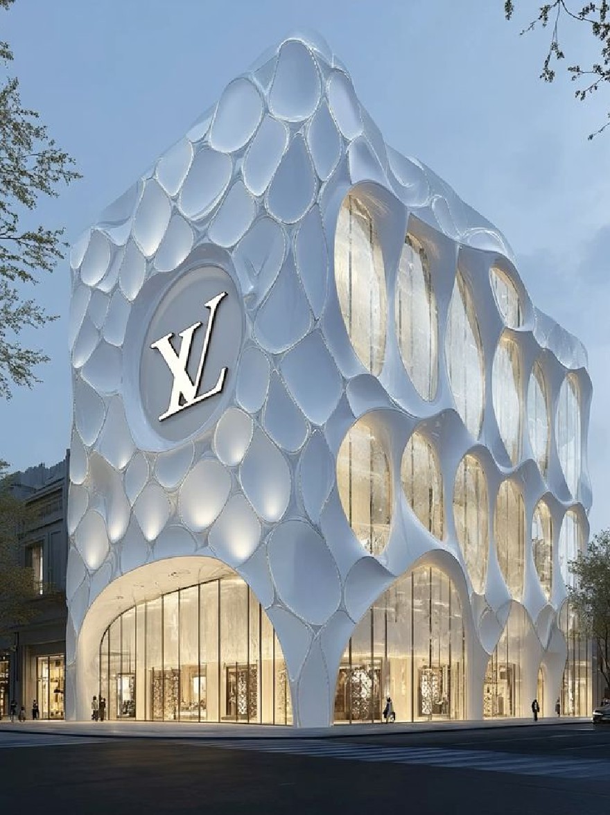 Русский промпт: Рендеринг магазина Louis Vuitton в Париже, Франция. Здание имеет уникальную, похожую на сотовую конструкцию с большими, отражающими окнами. Экстерьер освещается мягким, окружающим освещением. Знаменитый логотип LV выставлен на передней части здания. Небо глубоко синее, с несколькими облаками, разбросанными по нему. Деревья выстраиваются на улице, и несколько человек можно увидеть, гуляя вокруг. Общая эстетика современная и роскошная. | Original prompt: A rendering of a Louis Vuitton store in Paris, France. The building has a unique, honeycomb-like structure with large, reflective windows. The exterior is illuminated by soft, ambient lighting. The iconic LV logo is prominently displayed on the front of the building. The sky is a deep blue, with a few clouds scattered across it. Trees line the street, and a few people can be seen walking around. The overall aesthetic is modern and luxurious.