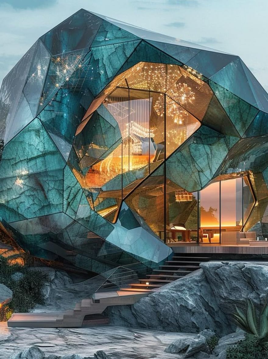 Русский промпт: Потрясающий геодезический купольный дом располагался на вершине скалистой скалы с видом на спокойную реку в сумерках. Дом изготовлен из полупрозрачного, грандиозного стекла, которое отражает теплое сияние заходящего солнца, создавая завораживающий эффект. Интерьер дома снабжен мебелью, а люстра свисает с потолка, добавляя оттенка элегантности в дизайн. Экстерьер состоит из серии взаимосвязанных многоугольников, которые создают уникальный и увлекательный рисунок, легко смешиваясь в ландшафт. Небо глубоко синее, с несколькими тонкими облаками, разбросанными по нему, и общая атмосфера мирная и безмятежная. Изображение имеет отделку высокого разрешения, придавая ему четкий и четкий вид. | Original prompt: A stunning geodesic dome-shaped house perched atop a rocky cliff overlooking a tranquil river at dusk. The house is made of translucent, faceted glass that reflects the warm glow of the setting sun, creating a mesmerizing effect. The interior of the house is furnished with furniture, and a chandelier hangs from the ceiling, adding a touch of elegance to the design. The exterior is composed of a series of interlocking polygons that create a unique and captivating pattern, blending seamlessly into the landscape. The sky is a deep blue, with a few wispy clouds scattered across it, and the overall atmosphere is peaceful and serene. The image has a high-resolution finish, giving it a crisp and clear look.