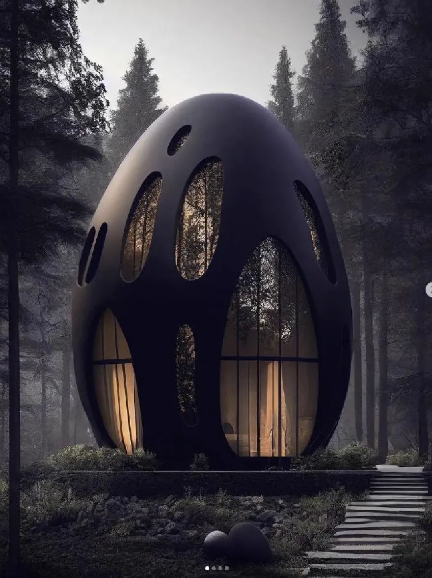 Русский промпт: Минималистская, современная, сферическая, черная яичная кабина, расположенная в густом лесу ночью. В салоне есть большие круглые окна, которые позволяют естественному свету фильтровать, создавая мягкое, эфирное сияние. Экстерьер гладкий и минималистский, с минималистской эстетикой. Каменная дорожка ведет к входу в каюту, окруженную высокими темными соснами. Общее настроение мирное и безмятежное, вызывая чувство одиночества и исследования. | Original prompt: A minimalist, modern, spherical, black egg-shaped cabin nestled in a dense forest at night. The cabin has large, round windows that allow natural light to filter through, creating a soft, ethereal glow. The exterior is sleek and minimalist, with a minimalist aesthetic. A stone pathway leads up to the entrance of the cabin, surrounded by tall, dark pine trees. The overall mood is peaceful and serene, evoking a sense of solitude and exploration.
