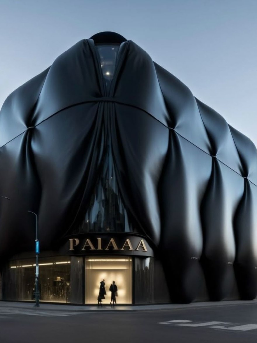 Русский промпт: Фото современного здания с уникальным архитектурным дизайном с большой цилиндрической структурой, покрытой черной тканью, со словом «Палая», написанного в золотых надписях у входа. Два человека стоят перед зданием, освещенное мягким, теплым светом сумерков. Здание окружено другими зданиями, а небо глубоко синее. Изображение имеет минималистскую эстетику, с чистыми линиями и минималистским дизайном. Фотография сделана под низким углом, глядя на здание. | Original prompt: Photo of a modern building with a unique architectural design, featuring a large, cylindrical structure covered in a black cloth, with the word "Palaia" written in gold lettering at the entrance. Two people are standing in front of the building, illuminated by the soft, warm light of dusk. The building is surrounded by other buildings, and the sky is a deep blue. The image has a minimalist aesthetic, with clean lines and a minimalist design. The photo is taken from a low angle, looking up at the building.