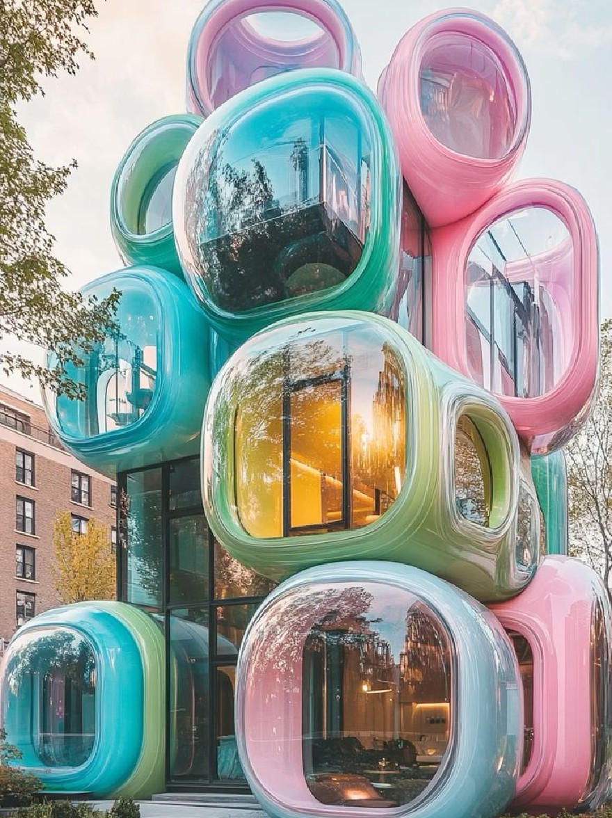 Русский промпт: Изображение показывает современное, красочное здание из полупрозрачных цилиндрических стеклянных трубок в оттенках розового, синего и зеленого, сложенного друг на друга симметрично. Здание имеет стеклянный фасад и окружены пышной зеленью, с ясным голубым небом и пушистыми белыми облаками на заднем плане. Отражение деревьев и зданий можно увидеть в стеклянных окнах, создавая уникальную и привлекательную архитектурную функцию. Освещение яркое и естественное, подчеркивая яркие цвета здания. | Original prompt: The image shows a modern, colorful building made of translucent, cylindrical glass tubes in shades of pink, blue, and green, stacked on top of each other in a symmetrical manner. The building has a glass facade and is surrounded by lush greenery, with a clear blue sky and fluffy white clouds in the background. The reflection of trees and buildings can be seen in the glass windows, creating a unique and eye-catching architectural feature. The lighting is bright and natural, highlighting the vibrant colors of the building.