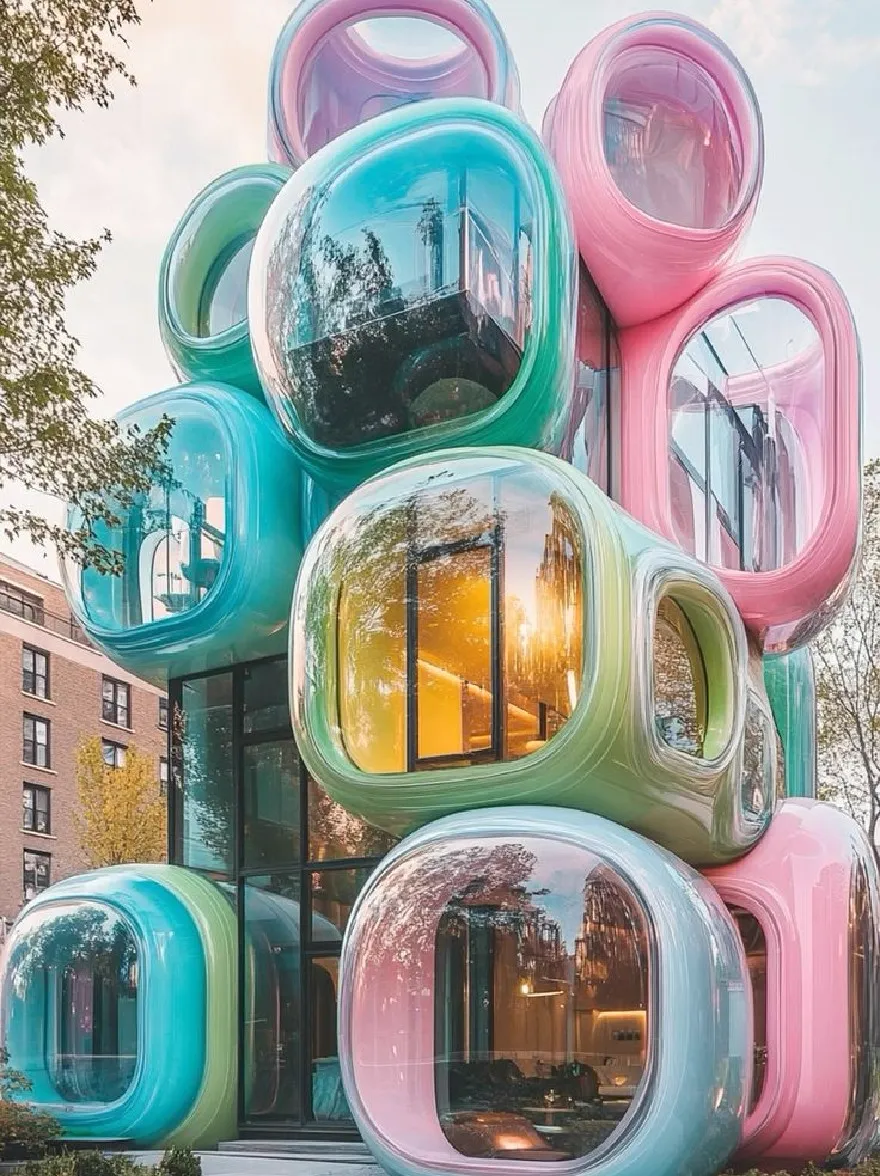 Русский промпт: Изображение показывает современное, красочное здание из полупрозрачных цилиндрических стеклянных трубок в оттенках розового, синего и зеленого, сложенного друг на друга симметрично. Здание имеет стеклянный фасад и окружены пышной зеленью, с ясным голубым небом и пушистыми белыми облаками на заднем плане. Отражение деревьев и зданий можно увидеть в стеклянных окнах, создавая уникальную и привлекательную архитектурную функцию. Освещение яркое и естественное, подчеркивая яркие цвета здания. | Original prompt: The image shows a modern, colorful building made of translucent, cylindrical glass tubes in shades of pink, blue, and green, stacked on top of each other in a symmetrical manner. The building has a glass facade and is surrounded by lush greenery, with a clear blue sky and fluffy white clouds in the background. The reflection of trees and buildings can be seen in the glass windows, creating a unique and eye-catching architectural feature. The lighting is bright and natural, highlighting the vibrant colors of the building.