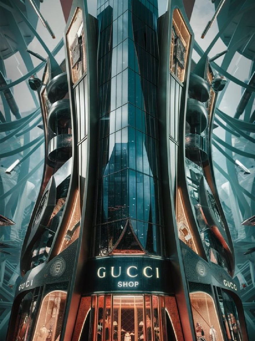 Русский промпт: Футуристический, многоэтажный магазин Gucci в футуристическом городском пейзаже ночью. Здание изготовлено из стекла и стали, с культовым логотипом Gucci, заметно отображаемым спереди. Вход окружен двумя большими стеклянными окнами, позволяя взглянуть на манекены внутри. Магазин освещается яркими неоновыми огнями, создавая поразительный контраст против темной промышленной обстановки. Общая эстетика гладкая и сложная, с акцентом на роскошь и изысканности. | Original prompt: A futuristic, high-rise Gucci store in a futuristic cityscape at night. The building is made of glass and steel, with the iconic Gucci logo prominently displayed on the front. The entrance is flanked by two large glass windows, allowing a glimpse of the mannequins inside. The store is illuminated by bright neon lights, creating a striking contrast against the dark, industrial setting. The overall aesthetic is sleek and sophisticated, with a focus on luxury and sophistication.
