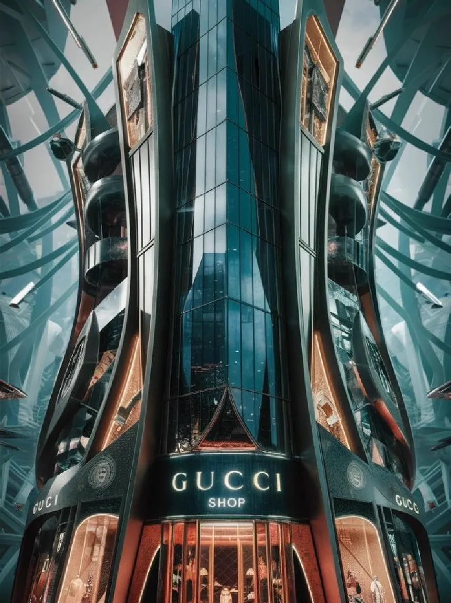 Русский промпт: Футуристический, многоэтажный магазин Gucci в футуристическом городском пейзаже ночью. Здание изготовлено из стекла и стали, с культовым логотипом Gucci, заметно отображаемым спереди. Вход окружен двумя большими стеклянными окнами, позволяя взглянуть на манекены внутри. Магазин освещается яркими неоновыми огнями, создавая поразительный контраст против темной промышленной обстановки. Общая эстетика гладкая и сложная, с акцентом на роскошь и изысканности. | Original prompt: A futuristic, high-rise Gucci store in a futuristic cityscape at night. The building is made of glass and steel, with the iconic Gucci logo prominently displayed on the front. The entrance is flanked by two large glass windows, allowing a glimpse of the mannequins inside. The store is illuminated by bright neon lights, creating a striking contrast against the dark, industrial setting. The overall aesthetic is sleek and sophisticated, with a focus on luxury and sophistication.