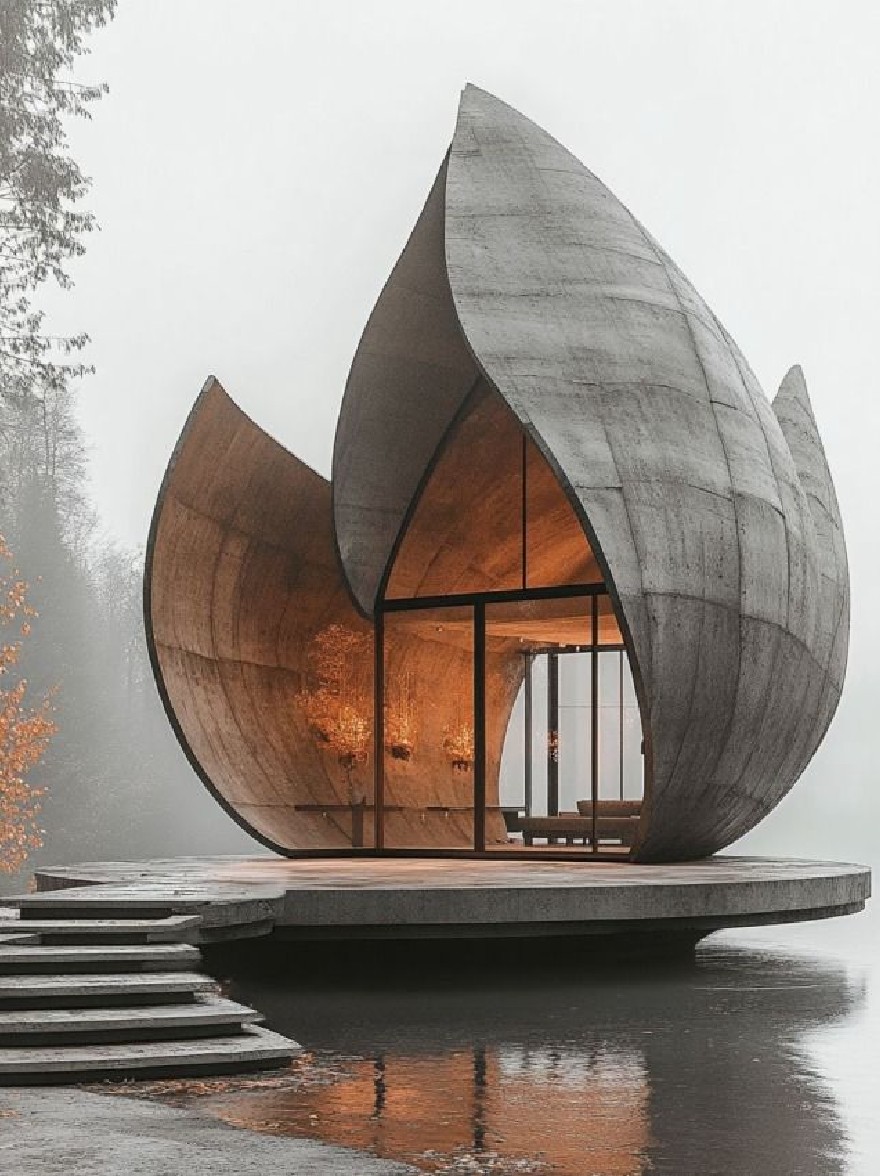 Русский промпт: Минималистский, современный, минималистский архитектурный дизайн с большой изогнутой бетонной конструкцией в форме листовой формы с деревянной внешней стороной и входом с стеклянным входом. Структура расположена на безмятежном озере, окруженном туманным, туманным лесом. Освещение мягкое и эфирное, создавая мирную атмосферу. Внешний вид оснащен теплой, привлекательной атмосферой, с отражением структуры, мерцающей на поверхности воды. Общая эстетика минималистичная и современная, с акцентом на естественную красоту и спокойствие. | Original prompt: A minimalist, modern, minimalist architectural design featuring a large, curved, leaf-shaped concrete structure with a wooden exterior and a glass-enclosed entrance. The structure is situated on a serene lake, surrounded by a misty, foggy forest. The lighting is soft and ethereal, creating a peaceful atmosphere. The exterior features a warm, inviting ambiance, with the reflection of the structure shimmering on the water's surface. The overall aesthetic is minimalistic and contemporary, with a focus on natural beauty and tranquility.