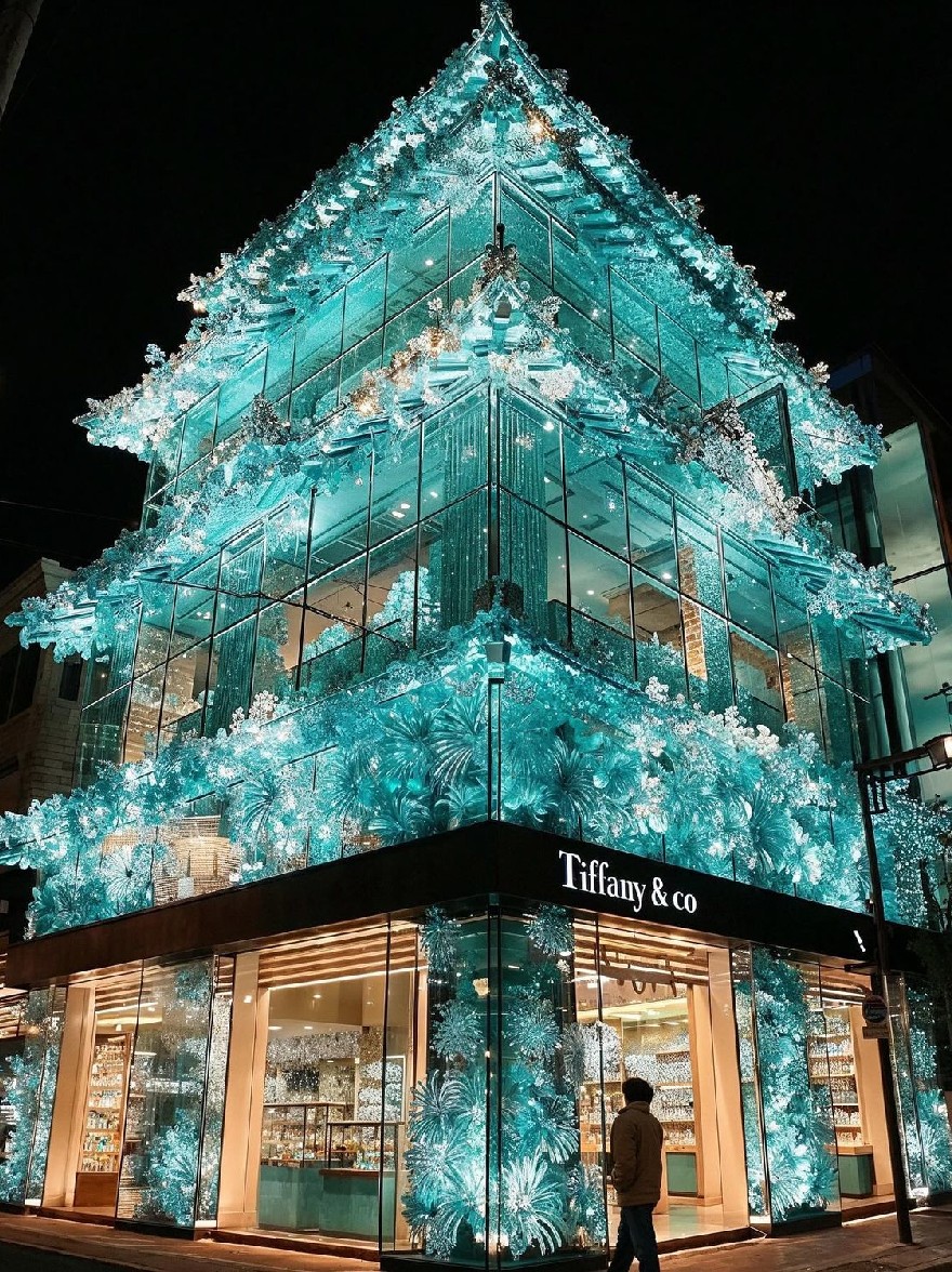 Русский промпт: Человек, проходящий мимо магазина Tiffany & Co ночью, освещенный ослепительным демонстрацией синих и белых рождественских огней. Магазин высокий в центре изображения, окруженный другими зданиями на заднем плане. Человек носит коричневую куртку, и на здании ясно видно название магазина. Атмосфера праздничная и очаровательная, с огнями создает магическую атмосферу. | Original prompt: A man walking past a Tiffany & Co store at night, illuminated by a dazzling display of blue and white Christmas lights. The store stands tall in the center of the image, surrounded by other buildings in the background. The man is wearing a brown jacket, and the store's name is clearly visible on the building. The atmosphere is festive and captivating, with the lights creating a magical ambiance.