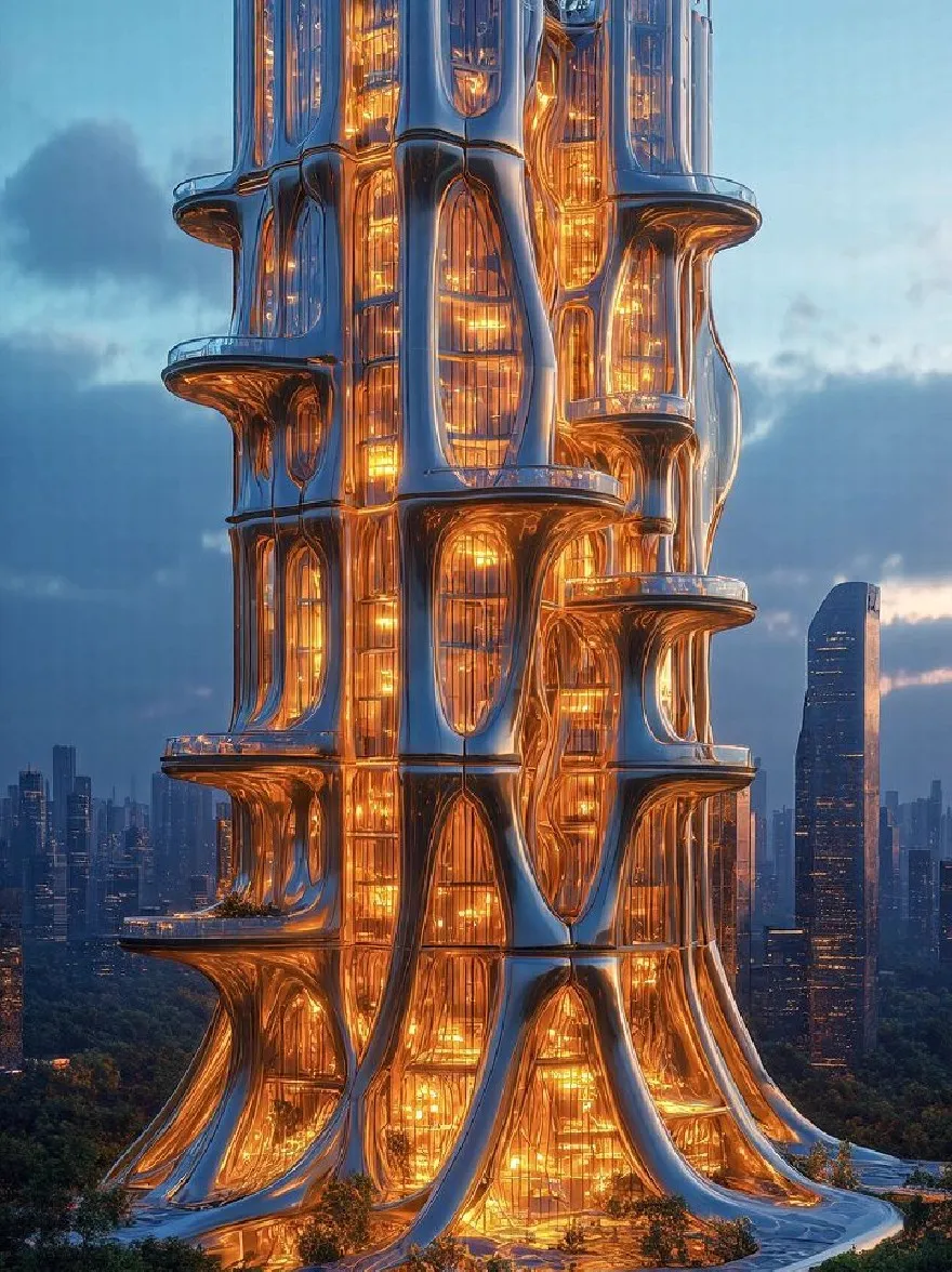 Русский промпт: Футуристическое, многоэтажное здание с уникальным архитектурным дизайном, которое плавно сочетается с окружающим ландшафтом. Здание имеет высокую цилиндрическую структуру с несколькими уровнями и освещается теплыми светящимися огнями, которые создают завораживающий эффект. Он окружен густой зеленью и расположен в центре шумного городского пейзажа в сумерках, с высокими небоскребами на заднем плане. Небо глубоко синее с несколькими облаками, разбросанными по нему, и общая атмосфера - это страх и удивление в сложных деталях архитектуры здания. | Original prompt: A futuristic, high-rise building with a unique architectural design that blends seamlessly into the surrounding landscape. The building has a tall, cylindrical structure with multiple levels, and is illuminated by warm, glowing lights that create a mesmerizing effect. It is surrounded by dense greenery and is situated in the middle of a bustling cityscape at dusk, with tall skyscrapers in the background. The sky is a deep blue with a few clouds scattered across it, and the overall atmosphere is one of awe and wonder at the intricate details of the building's architecture.