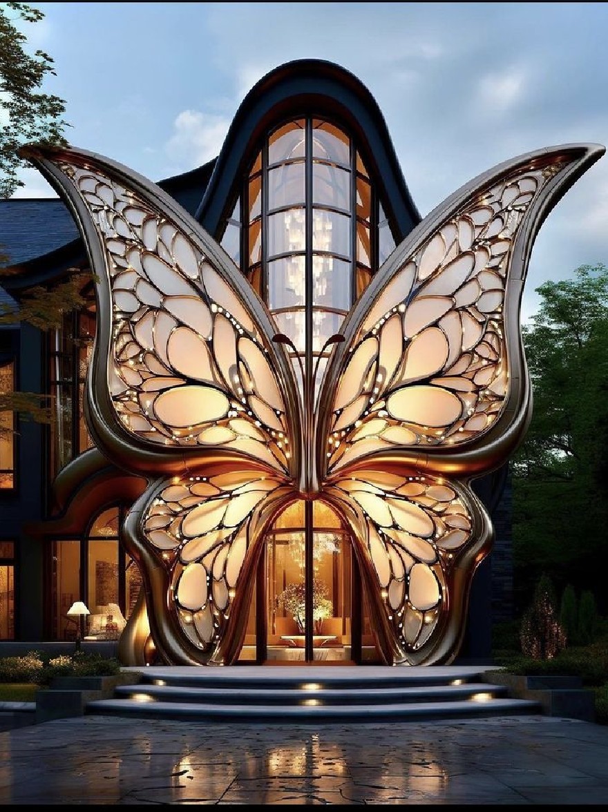 Русский промпт: Потрясающее, роскошное, современное, современное здание с большим, богато украшенным входом в форме бабочки. Вход окружен двумя большими изогнутыми окнами, которые отражают мягкий теплый свет сумерки. Здание окружено пышной зеленью и деревьями, создавая безмятежную и привлекательную атмосферу. Структура, похожая на бабочку, замысловато разработана с золотым оттенком, добавляя оттенки элегантности и изысканности. Освещение создает теплое, привлекательное сияние, которое освещает всю структуру, заставляя его выделяться на темной внешней стороне. Небо на заднем плане глубоко синее, с несколькими тонкими облаками, разбросанными по нему. Общий эффект - это изысканность и элегантность. | Original prompt: A stunning, luxurious, modern, contemporary building with a large, ornate butterfly-shaped entrance. The entrance is flanked by two large, curved windows that reflect the soft, warm light of dusk. The building is surrounded by lush greenery and trees, creating a serene and inviting atmosphere. The butterfly-like structure is intricately designed with a golden hue, adding a touch of elegance and sophistication. The lighting creates a warm, inviting glow that illuminates the entire structure, making it stand out against the dark exterior. The sky in the background is a deep blue, with a few wispy clouds scattered across it. The overall effect is one of sophistication and elegance.