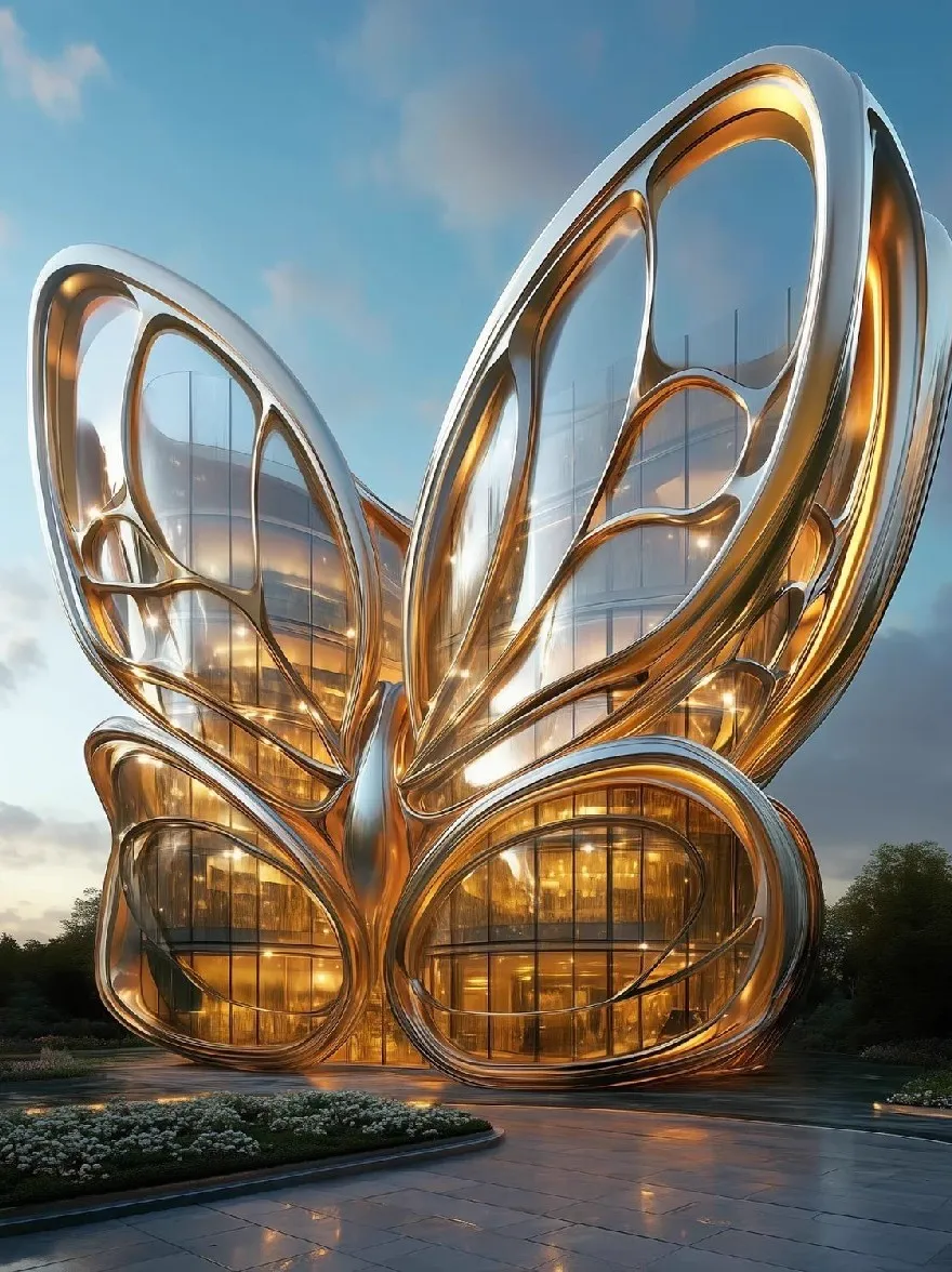 Русский промпт: Футуристическое, футуристическое здание с фасадом в форме бабочки, изготовленного из полупрозрачных стеклянных панелей, освещенного теплым, золотым светом. Здание стоит в центре изображения, окруженного пышной зеленью и пути, ведущей к нему. Небо глубоко синее с несколькими облаками, разбросанными по нему, и на заднем плане солнце садится, прописывая золотой сияние по всей структуре. Структура имеет гладкий, современный дизайн с изогнутой, угловой формой и сложными деталями. Общая эстетика - это изысканность и элегантность. | Original prompt: A futuristic, futuristic building with a butterfly-shaped facade made of translucent glass panels, illuminated by warm, golden light. The building stands in the center of the image, surrounded by lush greenery and a pathway leading up to it. The sky is a deep blue with a few clouds scattered across it, and the sun is setting in the background, casting a golden glow over the entire structure. The structure has a sleek, modern design with a curved, angular shape and intricate details. The overall aesthetic is one of sophistication and elegance.