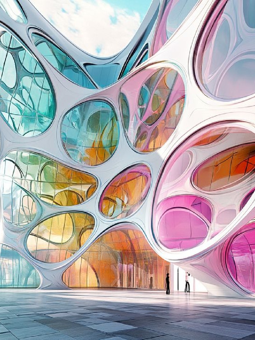 Русский промпт: Футуристическое, разноцветное здание с уникальным архитектурным дизайном. Здание имеет изогнутый волнистый фасад, состоящий из нескольких слоев полупрозрачных стеклянных панелей в различных цветах, включая розовый, синий, желтый и зеленый. Два человека стоят перед зданием, лицом друг к другу, и они силует на ярком, солнечном небе. Пол изготовлен из каменной плитки, а здание окружено деревьями. Изображение представляет собой фотореалистический рендеринг с высоким разрешением с чистым, четким видом. | Original prompt: A futuristic, multicolored building with a unique architectural design. The building has a curved, wavy facade made up of multiple layers of translucent glass panels in a variety of colors, including pink, blue, yellow, and green. Two people are standing in front of the building, facing each other, and they are silhouetted against the bright, sunny sky. The floor is made of stone tiles, and the building is surrounded by trees. The image is a high-resolution, photorealistic rendering with a clean, crisp look.