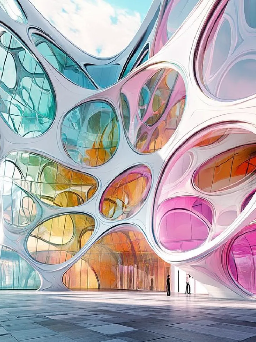 Русский промпт: Футуристическое, разноцветное здание с уникальным архитектурным дизайном. Здание имеет изогнутый волнистый фасад, состоящий из нескольких слоев полупрозрачных стеклянных панелей в различных цветах, включая розовый, синий, желтый и зеленый. Два человека стоят перед зданием, лицом друг к другу, и они силует на ярком, солнечном небе. Пол изготовлен из каменной плитки, а здание окружено деревьями. Изображение представляет собой фотореалистический рендеринг с высоким разрешением с чистым, четким видом. | Original prompt: A futuristic, multicolored building with a unique architectural design. The building has a curved, wavy facade made up of multiple layers of translucent glass panels in a variety of colors, including pink, blue, yellow, and green. Two people are standing in front of the building, facing each other, and they are silhouetted against the bright, sunny sky. The floor is made of stone tiles, and the building is surrounded by trees. The image is a high-resolution, photorealistic rendering with a clean, crisp look.
