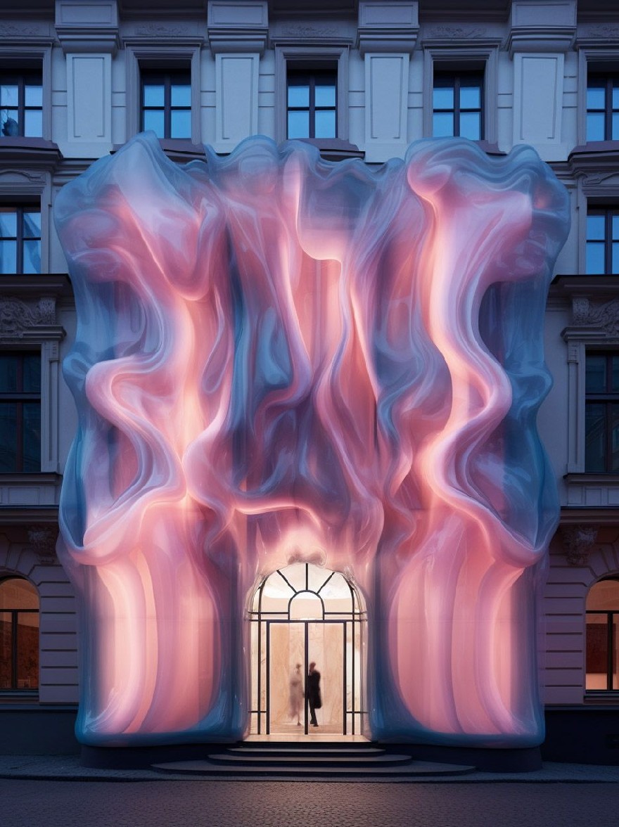 Русский промпт: Сюрреалистическое, полупрозрачное здание с большой волнистой, полупрозрачной структурой, напоминающей лед, освещенный комбинацией розовых и синих оттенков. Структура расположена в центре изображения, с большим входом, окруженным двумя силуэтами людей, стоящих перед ним. Здание имеет большие окна и украшенные резьбы на фасаде, а освещение мягкое и теплое, создавая мечтательную, эфирную атмосферу. Изображение имеет реалистичный стиль высокого разрешения с акцентом на текучесть и глубину. | Original prompt: A surreal, translucent building with a large, wavy, translucent structure resembling ice, lit up with a combination of pink and blue hues. The structure is situated in the center of the image, with a grand entrance flanked by two silhouettes of people standing in front of it. The building has large windows and ornate carvings on the facade, and the lighting is soft and warm, creating a dreamy, ethereal atmosphere. The image has a high-resolution, realistic style with a focus on fluidity and depth.