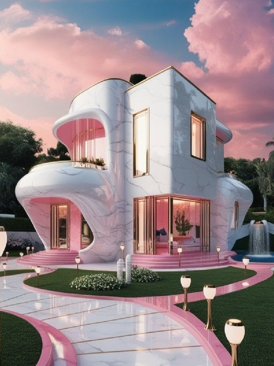 Русский промпт: Потрясающее, футуристическое, белое, изогнутое, мраморное здание с розовыми акцентами, расположенное посреди пышного тропического сада на закате. Здание имеет большие прямоугольные окна и изогнутая крыша, с небольшим балконом на втором этаже. Вход окружен двумя большими стеклянными дверями и небольшими каскадами водопада вниз по правой стороне здания. Сад ландшафт с различными растениями и цветами и освещается мягким, теплым освещением. Небо представляет собой красивую смесь розовых и синих оттенков, с пушистыми белыми облаками, разбросанными повсюду. Общая эстетика - одна из роскоши и изысканности, идеально подходящей для роскошного, роскошного дома. | Original prompt: A stunning, futuristic, white, curved, marble-like building with pink accents, situated in the middle of a lush, tropical garden at sunset. The building has large, rectangular windows and a curved roof, with a small balcony on the second floor. The entrance is flanked by two large glass doors, and a small waterfall cascades down the right side of the building. The garden is landscaped with a variety of plants and flowers, and is illuminated by soft, warm lighting. The sky is a beautiful mix of pink and blue hues, with fluffy white clouds scattered throughout. The overall aesthetic is one of luxury and sophistication, perfect for a luxurious, opulent home.