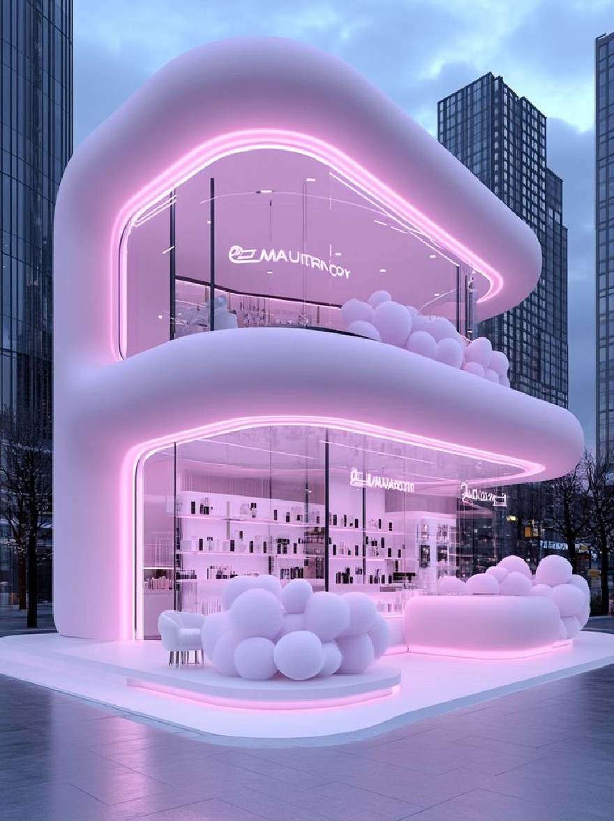 Русский промпт: Изображение показывает современное, футуристическое здание с уникальным, изогнутым, полупрозрачным фасадом и розовым неоновым знаком, в котором говорится в центре «маврикийский уютный». Здание окружено высокими современными небоскребами на заднем плане, а небо глубоко синее с несколькими тонкими облаками. Освещение мягкое и равномерное, создавая мечтательную атмосферу. Фасад освещен сочетанием розовых и фиолетовых оттенков, что придает ему неоновоподобный вид. Интерьер здания снабжен белыми, пушистыми стульями и столами, добавляя утонченность в общий дизайн. Общая эстетика является минималистичной и современной, с акцентом на эстетику и минимализм. | Original prompt: The image shows a modern, futuristic building with a unique, curved, translucent facade and a pink neon sign that reads "Mauritian Cozy" in the center. The building is surrounded by tall, modern skyscrapers in the background, and the sky is a deep blue with a few wispy clouds. The lighting is soft and even, creating a dreamy atmosphere. The facade is illuminated with a combination of pink and purple hues, giving it a neon-like appearance. The interior of the building is furnished with white, fluffy chairs and tables, adding a touch of sophistication to the overall design. The overall aesthetic is minimalistic and contemporary, with a focus on aesthetics and minimalism.