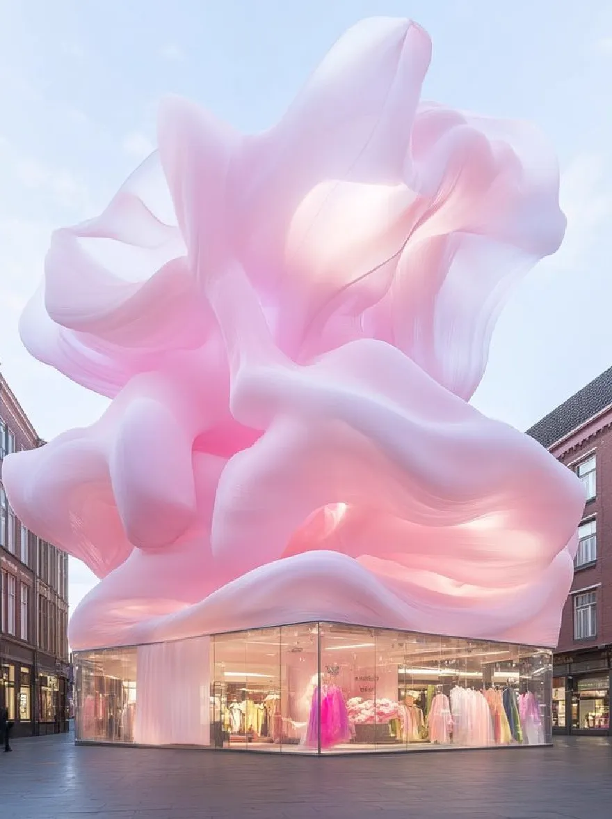 Русский промпт: Большая, полупрозрачная, розовая скульптура посреди городской площади, окруженная кирпичными зданиями. Скульптура состоит из нескольких слоев полупрозрачного материала, напоминающего формы жидкости и освещается мягким окружающим освещением. Структура расположена в центре квадрата, а здания с обеих сторон обеспечивают фон. Небо ясное и синее, с несколькими облаками, разбросанными по нему. Общая эстетика скульптуры сюрреалистична и сказочная. | Original prompt: A large, translucent, pink sculpture in the middle of a city square, surrounded by brick buildings. The sculpture is composed of multiple layers of translucent material, resembling fluid shapes, and is illuminated by soft, ambient lighting. The structure is situated in the center of the square, with the buildings on either side providing a backdrop. The sky is clear and blue, with a few clouds scattered across it. The overall aesthetic of the sculpture is surreal and dreamlike.
