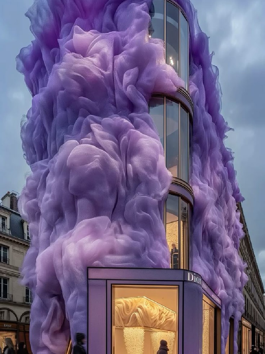 Русский промпт: Рендеринг футуристического многоэтажного здания с уникальной, облачной структурой, напоминающей гигантский гриб, расположенный в Париже, Франция. Здание имеет современный минималистский дизайн с комбинацией фиолетовых и белых цветов и освещается мягким окружающим освещением. Люди проходят мимо здания, некоторые несут сумки, в то время как другие силуэты на ночном небе. Вход здания оснащен большим светящимся окном со словами «dior», где отображаются. Общая эстетика сюрреалистическая и сказочная, с акцентом на текстуру грибного материала. | Original prompt: A rendering of a futuristic, multi-storey building with a unique, cloud-like structure that resembles a giant mushroom, located in Paris, France. The building has a modern, minimalist design with a combination of purple and white colors, and is illuminated by soft, ambient lighting. People are walking past the building, some carrying bags, while others are silhouetted against the night sky. The entrance of the building features a large, glowing window display with the words "Dior" prominently displayed. The overall aesthetic is surreal and dreamlike, with a focus on the texture of the mushroom-like material.