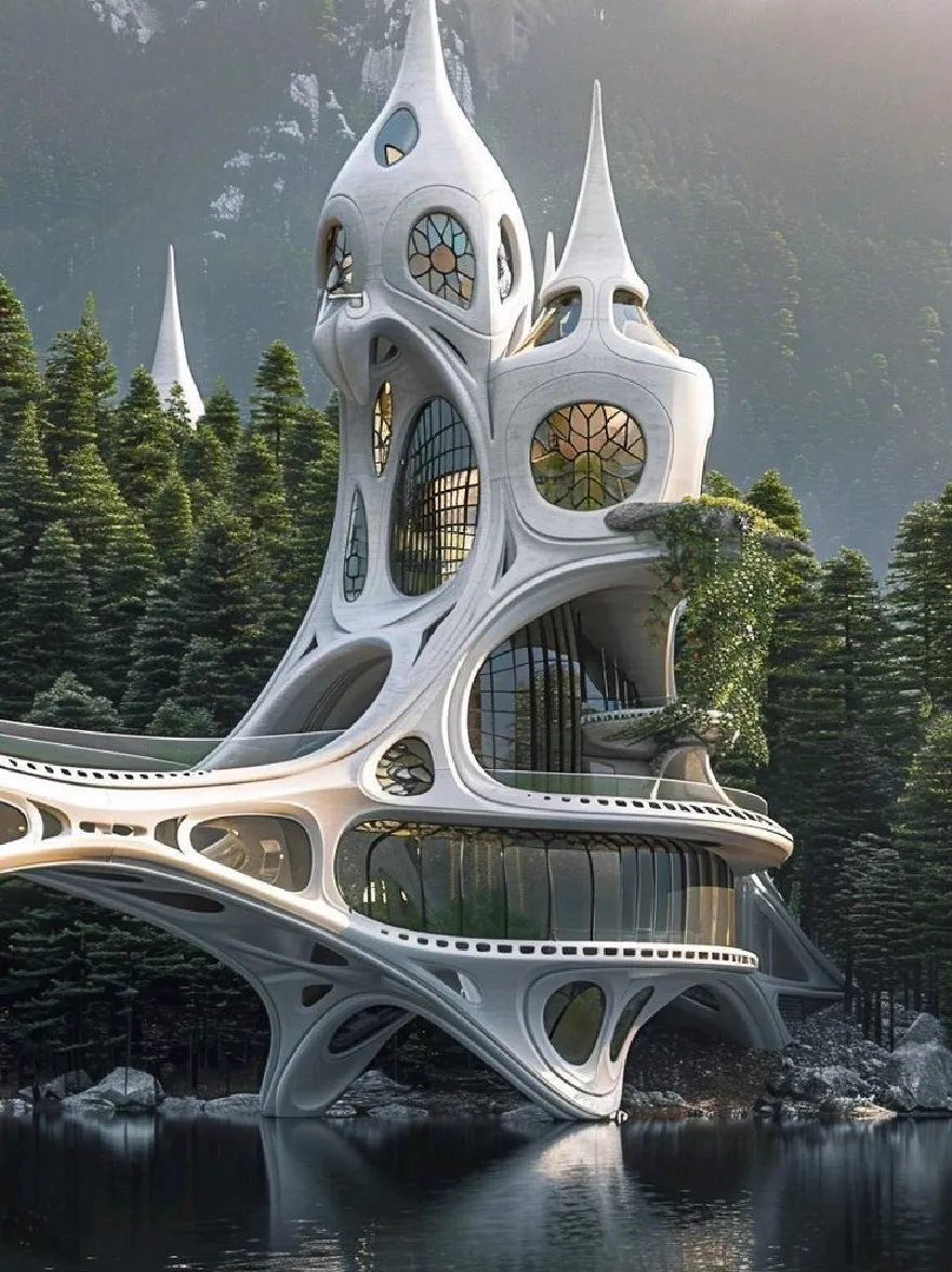 Русский промпт: Футуристическая, белая, цилиндрическая структура с несколькими уровнями и сложными конструкциями, расположенная на безмятежном озере, окруженном пышными зеленью и скалистыми горами на заднем плане. Структура имеет несколько шпилей и больших окон, позволяющих естественному свету фильтровать и освещать сложные детали. Озеро спокойно и до сих пор, отражая окружающий пейзаж. Общая эстетика - это одно из безмятежности и спокойствия. | Original prompt: A futuristic, white, cylindrical structure with multiple levels and intricate designs, situated on a serene lake surrounded by lush greenery and rocky mountains in the background. The structure has multiple spires and large windows, allowing natural light to filter through and illuminate the intricate details. The lake is calm and still, reflecting the surrounding landscape. The overall aesthetic is one of serenity and tranquility.