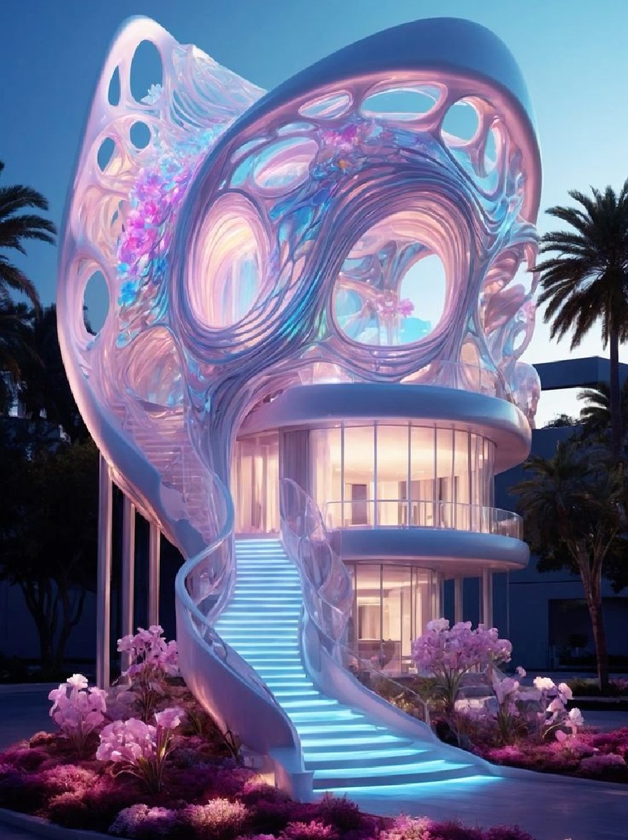 Русский промпт: Футуристическое, полупрозрачное здание со спиральной лестницей, ведущей к входу. Здание имеет уникальный, абстрактный дизайн с несколькими слоями полупрозрачного материала, который легко смешивается в окружающую среду. Экстерьер освещается мягким, эфирным светом, создавая безмятежную и успокаивающую атмосферу. Лестница ведет к большому круговому окну, которое позволяет естественному свету фильтровать. Вход окружен высокими пальмами, добавляя к тропическому ощущению сцены. Небо глубоко синее, с несколькими тонкими облаками, разбросанными по нему. Общая эстетика - это изысканность и элегантность. | Original prompt: A futuristic, translucent building with a spiral staircase leading up to the entrance. The building has a unique, abstract design with multiple layers of translucent material that blend seamlessly into the surrounding environment. The exterior is illuminated with a soft, ethereal light, creating a serene and calming atmosphere. The staircase leads up to a large, circular window that allows natural light to filter through. The entrance is flanked by tall palm trees, adding to the tropical feel of the scene. The sky is a deep blue, with a few wispy clouds scattered across it. The overall aesthetic is one of sophistication and elegance.