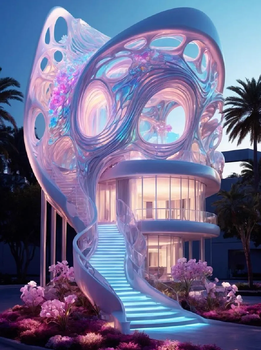 Русский промпт: Футуристическое, полупрозрачное здание со спиральной лестницей, ведущей к входу. Здание имеет уникальный, абстрактный дизайн с несколькими слоями полупрозрачного материала, который легко смешивается в окружающую среду. Экстерьер освещается мягким, эфирным светом, создавая безмятежную и успокаивающую атмосферу. Лестница ведет к большому круговому окну, которое позволяет естественному свету фильтровать. Вход окружен высокими пальмами, добавляя к тропическому ощущению сцены. Небо глубоко синее, с несколькими тонкими облаками, разбросанными по нему. Общая эстетика - это изысканность и элегантность. | Original prompt: A futuristic, translucent building with a spiral staircase leading up to the entrance. The building has a unique, abstract design with multiple layers of translucent material that blend seamlessly into the surrounding environment. The exterior is illuminated with a soft, ethereal light, creating a serene and calming atmosphere. The staircase leads up to a large, circular window that allows natural light to filter through. The entrance is flanked by tall palm trees, adding to the tropical feel of the scene. The sky is a deep blue, with a few wispy clouds scattered across it. The overall aesthetic is one of sophistication and elegance.