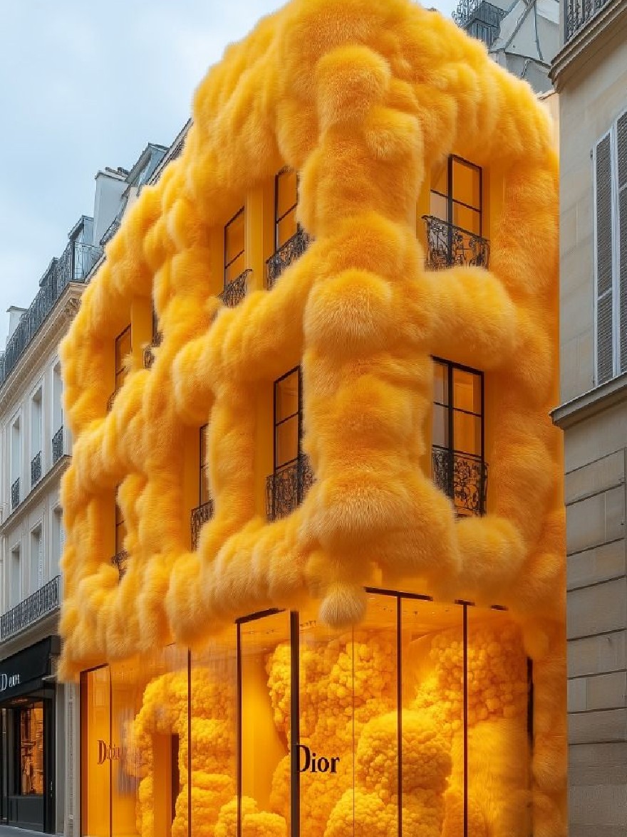 Русский промпт: На изображении показано роскошное, современное здание в Париже, Франция, с уникальным и привлекательным фасадом из пушистого, нечеткого желтого меха, который напоминает облачную структуру. Здание имеет несколько уровней, с балконами и перилами, а также с большим оконным дисплеем с надписью «Dior». Экстерьер освещается ярко -желтым огнем, создавая теплую и привлекательную атмосферу. Небо ясное и синее, а улица пуста, без автомобилей или людей. Общая эстетика - это изысканность и элегантность. | Original prompt: The image shows a luxurious, modern building in Paris, France, with a unique and eye-catching facade made of fluffy, fuzzy yellow fur that resembles a cloud-like structure. The building has multiple levels, with balconies and railings, and a large window display that reads "Dior". The exterior is illuminated by bright yellow lights, creating a warm and inviting atmosphere. The sky is clear and blue, and the street is empty, with no cars or people in sight. The overall aesthetic is one of sophistication and elegance.