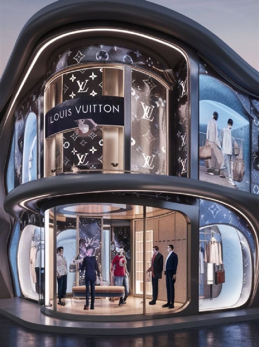 Русский промпт: Ночью рендеринг магазина Louis Vuitton с современным, гладким дизайном с изогнутыми стеклянными стенами и крупным логотипом Louis Vuittois, заметно выставленным спереди. Магазин освещен мягким, теплым светом, создавая роскошную атмосферу. В магазине стоит несколько человек, восхищающихся выставленными предметами, в том числе манекены, одетые в модную одежду. На фоне показывается звездное ночное небо, добавляющее общую атмосферу сцены. Изображение очень подробно и реалистично, с акцентом на роскошь и изысканности магазина. | Original prompt: A rendering of a Louis Vuitton store at night, featuring a modern, sleek design with curved glass walls and a large Louis Vuittois logo prominently displayed on the front. The store is illuminated by a soft, warm light, creating a luxurious atmosphere. There are several people standing inside the store, admiring the items displayed, including mannequins dressed in fashionable clothing. The background shows a starry night sky, adding to the overall ambiance of the scene. The image is highly detailed and realistic, with a focus on the luxury and sophistication of the store.