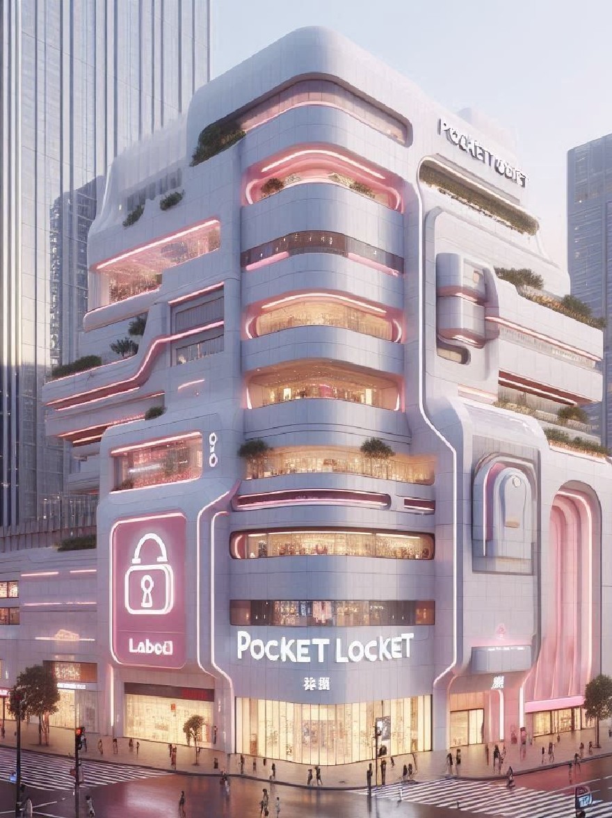 Русский промпт: Изображение показывает футуристическое, многоэтажное здание с уникальным архитектурным дизайном, в котором сочетаются комбинация вертикальных и цилиндрических сооружений с растениями, растущими на балконах. Здание освещено розовыми неоновыми огнями и имеет знак «карманный медальон» спереди. Экстерьер окружен высокими, современными небоскребами, а окружающая территория суетлива, а пешеходы и пешеходы пересекают улицу. Небо видно на заднем плане, добавляя к футуристической эстетике здания. Изображение представляет собой цифровой рендеринг, дающий ощущение современности и изысканности. | Original prompt: The image shows a futuristic, high-rise building with a unique architectural design, featuring a combination of vertical and cylindrical structures with plants growing on the balconies. The building is illuminated with pink neon lights, and has a "Pocket Locket" sign on the front. The exterior is surrounded by tall, modern skyscrapers, and the surrounding area is bustling with pedestrians and pedestrians crossing the street. The sky is visible in the background, adding to the futuristic aesthetic of the building. The image is a digital rendering, giving a sense of modernity and sophistication.