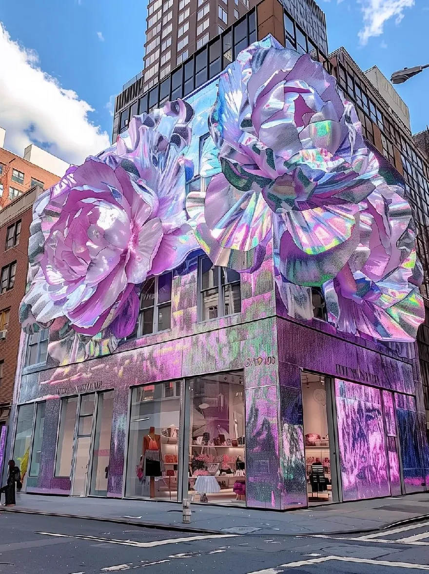 Русский промпт: На изображении показано яркое голографическое здание в Нью -Йорке с большими радужными цветами, украшающими его фасад. Здание окружено высокими, современными небоскребами, а небо яркое, чистое синее с несколькими разбросанными облаками. Улица оживляется с людьми, проходящих мимо, и на переднем плане виден пешеходный переход. Сцена является ярким представлением красоты города, с голографическими цветами, добавляющими уникальный и привлекательный элемент. | Original prompt: The image shows a vibrant, holographic building in New York City with large, iridescent flowers adorning its facade. The building is surrounded by tall, modern skyscrapers, and the sky is a bright, clear blue with a few scattered clouds. The street is bustling with people walking by, and a pedestrian crossing is visible in the foreground. The scene is a vivid representation of the beauty of the city, with the holographic flowers adding a unique and eye-catching element.