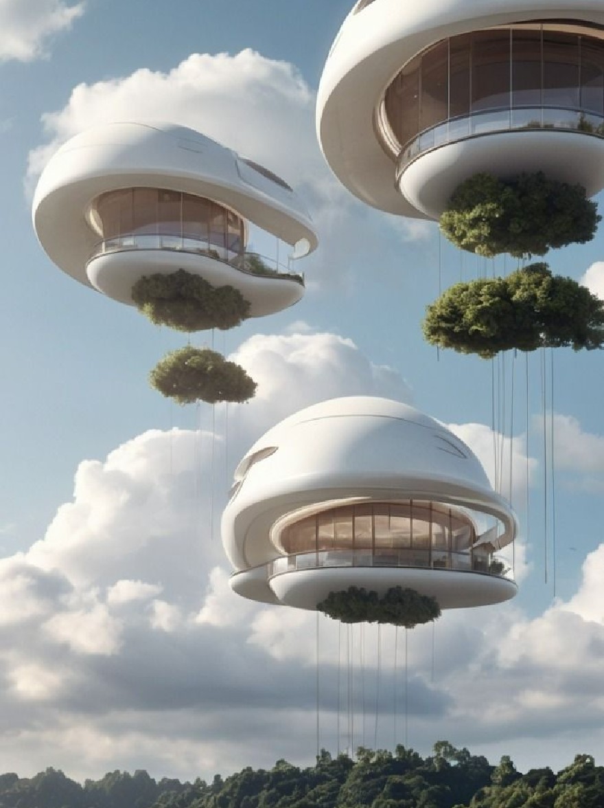 Русский промпт: Фото трех футуристических, сферических, белых, плавучих домов с уникальным архитектурным дизайном, подвешенными струнами над озером, в окружении пышной зелени и ясного голубого неба с пушистыми белыми облаками. Дома имеют современную минималистскую эстетику с чистыми линиями и минималистским дизайном. Озеро спокойно и до сих пор, отражая небо и окружающий пейзаж. Люди можно увидеть, ходящие по береговой линии, восхищаясь домами. Общее настроение мирное и безмятежное, с чувством открытости и естественной красоты. | Original prompt: Photo of three futuristic, spherical, white, floating houses with a unique architectural design, suspended by strings over a lake, surrounded by lush greenery and a clear blue sky with fluffy white clouds. The houses have a modern, minimalist aesthetic with clean lines and a minimalist design. The lake is calm and still, reflecting the sky and the surrounding landscape. People can be seen walking along the shoreline, admiring the houses. The overall mood is peaceful and serene, with a sense of openness and natural beauty.