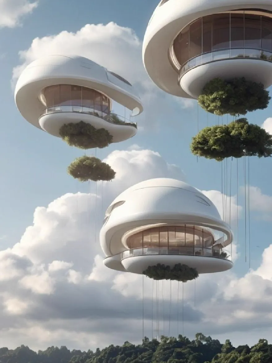 Русский промпт: Фото трех футуристических, сферических, белых, плавучих домов с уникальным архитектурным дизайном, подвешенными струнами над озером, в окружении пышной зелени и ясного голубого неба с пушистыми белыми облаками. Дома имеют современную минималистскую эстетику с чистыми линиями и минималистским дизайном. Озеро спокойно и до сих пор, отражая небо и окружающий пейзаж. Люди можно увидеть, ходящие по береговой линии, восхищаясь домами. Общее настроение мирное и безмятежное, с чувством открытости и естественной красоты. | Original prompt: Photo of three futuristic, spherical, white, floating houses with a unique architectural design, suspended by strings over a lake, surrounded by lush greenery and a clear blue sky with fluffy white clouds. The houses have a modern, minimalist aesthetic with clean lines and a minimalist design. The lake is calm and still, reflecting the sky and the surrounding landscape. People can be seen walking along the shoreline, admiring the houses. The overall mood is peaceful and serene, with a sense of openness and natural beauty.