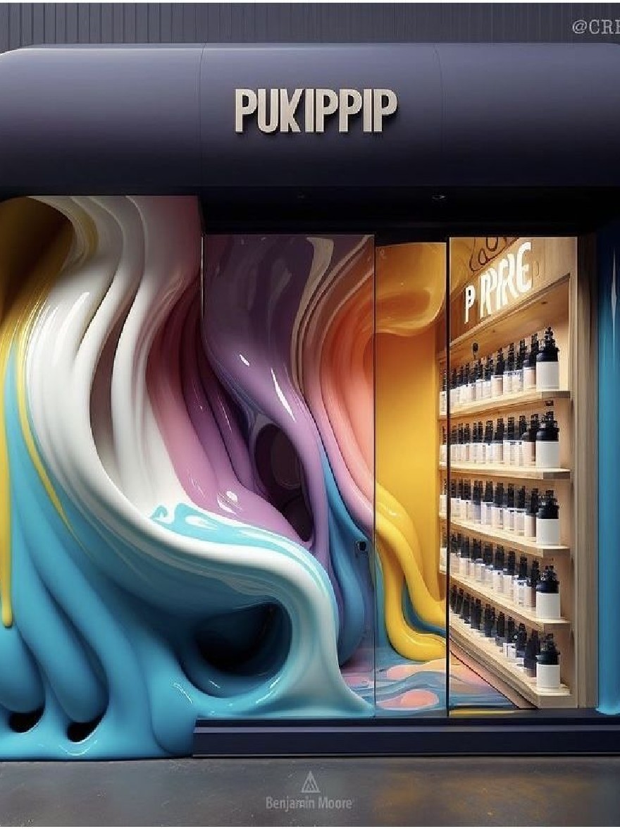 Русский промпт: Творческий и привлекательный дизайн магазина для косметического магазина под названием «Pukippipp» Бенджамина Мур. В магазине есть гладкий, современный дизайн с черным фасадом и большим, красочным, жидким витрином, с комбинацией синего, желтого, розового и фиолетового оттенка. Окно отображает несколько бутылок лака для ногтей, аккуратно расположенных на деревянных полках, с названием магазина, написанным жирным шрифтом, белой буквы над входом. Общая эстетика яркая и привлекательная, с игривым и современным поворотом. Внизу изображения есть водяной знак, в котором говорится «Бенджамин Мур». | Original prompt: A creative and eye-catching storefront design for a cosmetics store called "Pukippipp" by Benjamin Moore. The store has a sleek, modern design with a black facade and a large, colorful, fluid-like window display featuring a combination of blue, yellow, pink, and purple hues. The window displays multiple bottles of nail polish arranged neatly on wooden shelves, with the store's name written in bold, white lettering above the entrance. The overall aesthetic is vibrant and inviting, with a playful and modern twist. At the bottom of the image, there is a watermark that reads "benjamin moore".