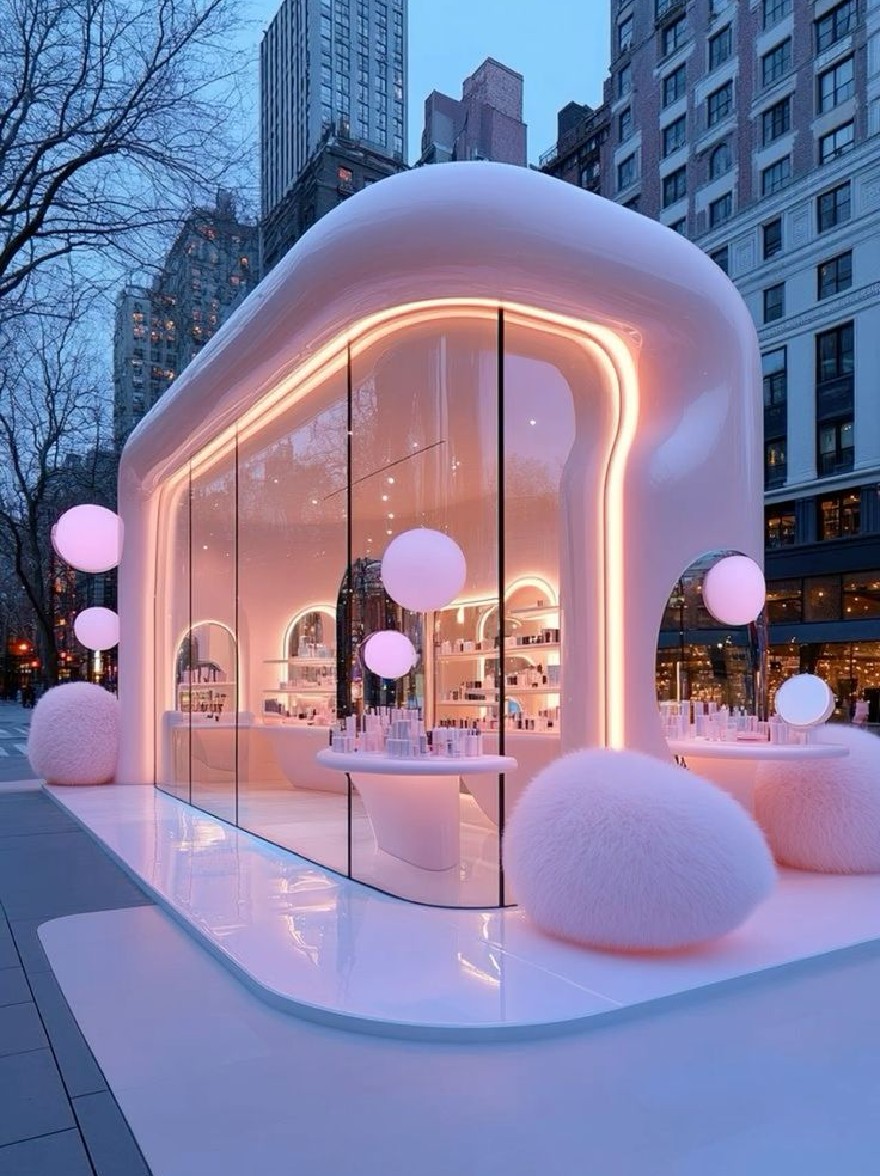 Русский промпт: Футуристический, белый, полупрозрачный киоск с большими, круглыми, розовыми сферами и пушистыми помнями, украшающими вход, на фоне высоких современных зданий в Нью-Йорке в сумерках. Киоск освещен мягким, теплым розовым светом, создавая поразительный контраст с гладким, современным дизайном. Окна тонированы, что позволяет естественному свету отражать стекло, а полки заполнены различными бутылками лака для ногтей и другими косметическими средствами. Небо глубоко синее, с несколькими звездами, мерцающими в ночном небе, добавляя футуристическую эстетику киоска. | Original prompt: A futuristic, white, translucent kiosk with large, round, pink spheres and fluffy pom-poms adorning the entrance, set against a backdrop of tall, modern buildings in New York City at dusk. The kiosk is illuminated by a soft, warm pink light, creating a striking contrast with the sleek, modern design. The windows are tinted, allowing natural light to reflect off the glass, and the shelves are filled with various bottles of nail polish and other beauty products. The sky is a deep blue, with a few stars twinkling in the night sky, adding to the futuristic aesthetic of the kiosk.