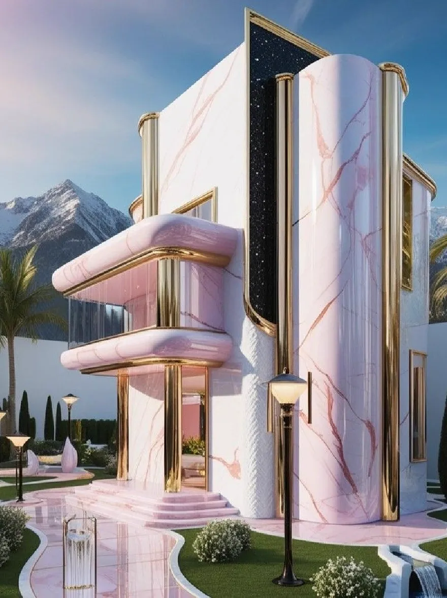 Русский промпт: Роскошное, современное, многоэтажное здание с уникальным архитектурным дизайном с комбинацией белого и розового мрамора с золотыми акцентами, расположенным на фоне величественных гор и ясного голубого неба. Здание окружено пышной зеленью, включая пальмы и кустарники, и имеет небольшой водопад, каскадный вниз по центру. Общая эстетика элегантная и сложная, с акцентом на роскошь и изысканности. | Original prompt: A luxurious, modern, multi-storey building with a unique architectural design featuring a combination of white and pink marble with gold accents, set against a backdrop of majestic mountains and a clear blue sky. The building is surrounded by lush greenery, including palm trees and shrubs, and features a small waterfall cascading down the center. The overall aesthetic is elegant and sophisticated, with a focus on luxury and sophistication.