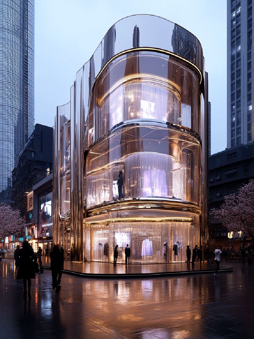 Русский промпт: Ночью рендеринг современного изогнутого стеклянного здания посреди оживленной городской улицы. Здание имеет стеклянный фасад, который отражает теплое сияние заходящего солнца, создавая отражающий эффект. Люди ходят по зданию, некоторые несут сумки для покупок, в то время как другие восхищаются его окружением. Улица выложена высокими небоскребами, а небо глубоко синее с несколькими тонкими облаками. Общая атмосфера мирная и безмятежная. | Original prompt: A rendering of a modern, curved glass building in the middle of a busy city street at night. The building has a glass facade that reflects the warm glow of the setting sun, creating a reflective effect. People are walking around the building, some carrying shopping bags, while others are admiring its surroundings. The street is lined with tall skyscrapers, and the sky is a deep blue with a few wispy clouds. The overall atmosphere is peaceful and serene.