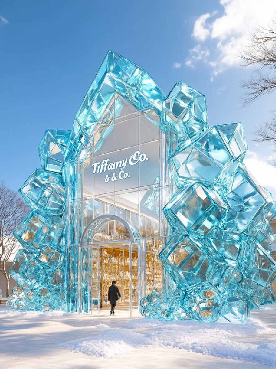 Русский промпт: Рендеринг магазина Tiffany & Co., полностью изготовленного из кубиков льда, расположенного в снежном пейзаже с чистым голубым небом и деревьями на заднем плане. В магазине есть стеклянный фасад со словами "Tiffany & Co." Написано на нем, и большой вход с вращающейся дверью. Человек идет перед магазином, одетый в черное пальто и несет черную сумку. Сцена яркая и солнечная, с заснеженной землей и несколькими людьми на переднем плане. Изображение представляет собой трехмерный рендеринг, с водяным знаком в правом нижнем углу. | Original prompt: A rendering of a Tiffany & Co. store made entirely of ice cubes, located in a snowy landscape with a clear blue sky and trees in the background. The store has a glass facade with the words "Tiffany & Co." written on it, and a large entrance with a revolving door. A person is walking in front of the store, wearing a black coat and carrying a black bag. The scene is bright and sunny, with snow-covered ground and a few people in the foreground. The image is a 3D rendering, with a watermark in the bottom right corner.