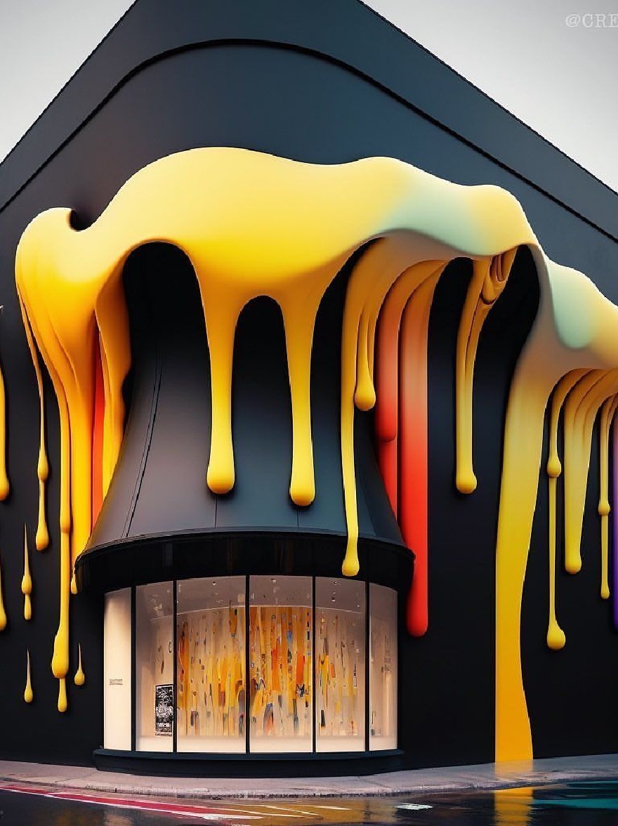 Русский промпт: Рендеринг современного здания с черным внешним видом и изогнутым навесом, покрытым ярким набором желтого, оранжевого, красного и фиолетового капли, создавая уникальный и привлекательный дизайн. Здание расположено на углу улицы, с фиолетовым зданием справа. Небо видно на заднем плане, и есть отражения здания и окружающей среды в стеклянных окнах. Общий эффект является одним из современности и творчества, с капелькой краски, капающих по бокам фасада в завораживающем узоре. Изображение очень подробно и реалистично, с водяными знаками в правом верхнем углу и нижним левым углом. | Original prompt: A rendering of a modern building with a black exterior and a curved awning, covered in a vibrant array of yellow, orange, red, and purple drips, creating a unique and eye-catching design. The building is situated on a street corner, with a purple building to its right. The sky is visible in the background, and there are reflections of the building and the surrounding environment in the glass windows. The overall effect is one of modernity and creativity, with the drips of paint dripping down the sides of the facade in a mesmerizing pattern. The image is highly detailed and realistic, with watermarks in the top right corner and bottom left corner.