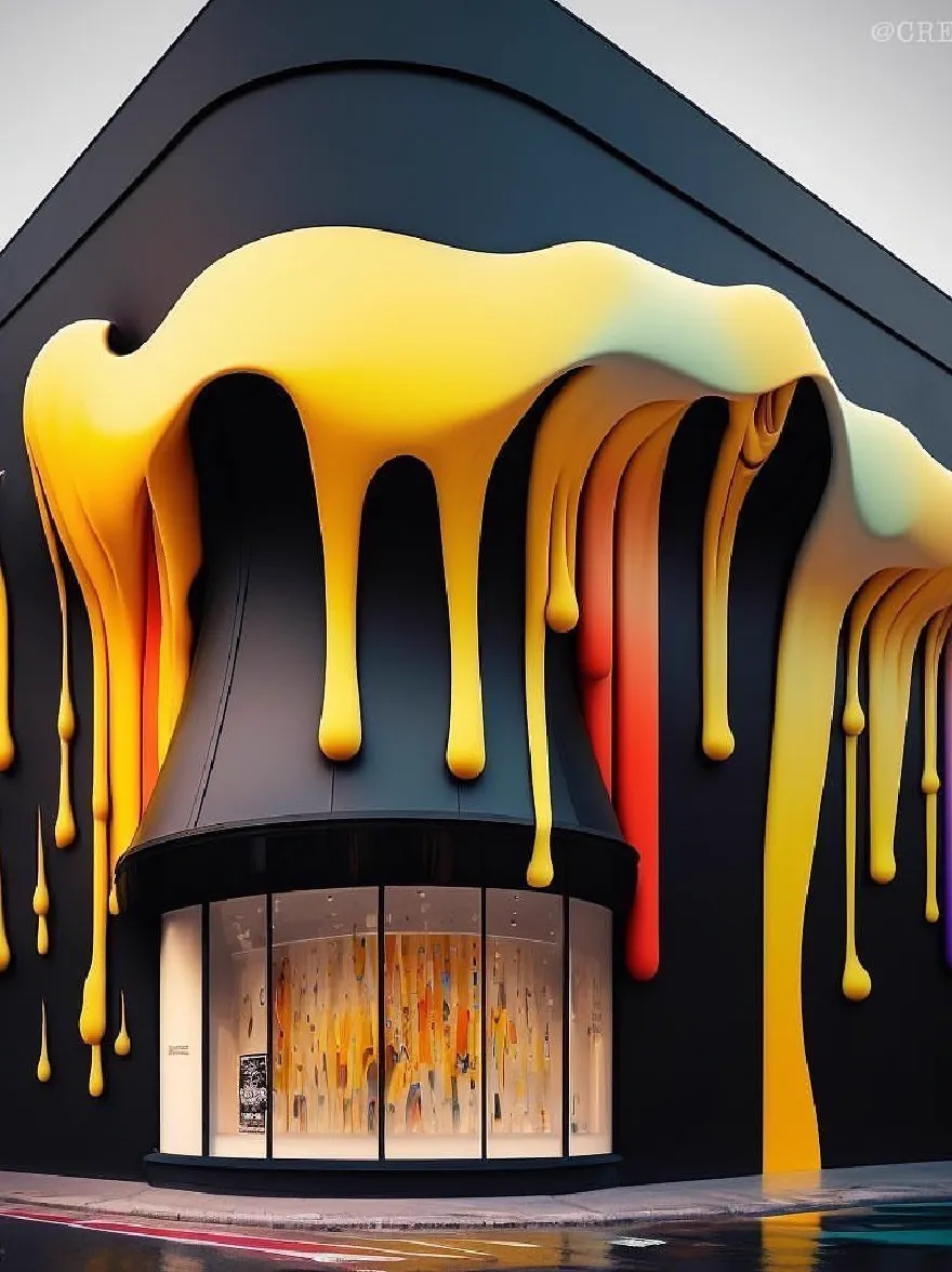 Русский промпт: Рендеринг современного здания с черным внешним видом и изогнутым навесом, покрытым ярким набором желтого, оранжевого, красного и фиолетового капли, создавая уникальный и привлекательный дизайн. Здание расположено на углу улицы, с фиолетовым зданием справа. Небо видно на заднем плане, и есть отражения здания и окружающей среды в стеклянных окнах. Общий эффект является одним из современности и творчества, с капелькой краски, капающих по бокам фасада в завораживающем узоре. Изображение очень подробно и реалистично, с водяными знаками в правом верхнем углу и нижним левым углом. | Original prompt: A rendering of a modern building with a black exterior and a curved awning, covered in a vibrant array of yellow, orange, red, and purple drips, creating a unique and eye-catching design. The building is situated on a street corner, with a purple building to its right. The sky is visible in the background, and there are reflections of the building and the surrounding environment in the glass windows. The overall effect is one of modernity and creativity, with the drips of paint dripping down the sides of the facade in a mesmerizing pattern. The image is highly detailed and realistic, with watermarks in the top right corner and bottom left corner.