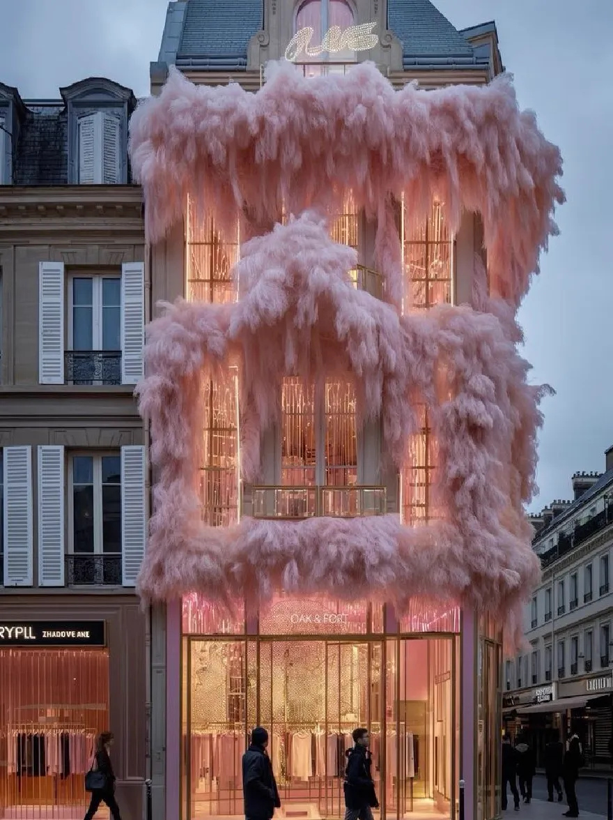 Русский промпт: Изображение показывает роскошное, современное здание в Париже, Франция, с уникальным архитектурным дизайном с большим пушистым фасадом, покрытым розовым мехом, освещенный розовыми огнями. Здание выделяется на фоне других зданий с аналогичными фасадами, и пешеходов можно увидеть перед ним. Небо видно на заднем плане, а освещение мягкое и теплое, создавая безмятежную атмосферу. | Original prompt: The image shows a luxurious, modern building in Paris, France, with a unique architectural design featuring a large, fluffy facade covered in pink fur, illuminated by pink lights. The building stands out against the backdrop of other buildings with similar facades, and pedestrians can be seen walking in front of it. The sky is visible in the background, and the lighting is soft and warm, creating a serene atmosphere.