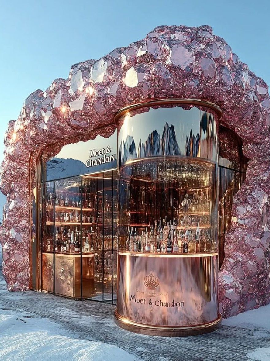 Русский промпт: Рендеринг роскошного, кристаллизованного покрытого льдом бара с потрясающим горным хребтом, отраженным в стекле. Бар расположен в снежном ландшафте с ясным синим небом на заднем плане. Структура украшена розовыми кристаллами, придавая ей роскошный и элегантный вид. На передней части бара есть знак, который гласит «Moet & Chandon» в золотых надписях. Внутри магазина есть полки, наполненные бутылками различных размеров и цветов. Общая атмосфера - одна из изощренности и роскоши. | Original prompt: A rendering of a luxurious, crystallized ice-covered bar with a stunning mountain range reflected in the glass. The bar is set in a snowy landscape, with a clear blue sky in the background. The structure is adorned with pink crystals, giving it a luxurious and elegant look. On the front of the bar, there is a sign that reads "Moet & Chandon" in gold lettering. Inside the store, there are shelves filled with bottles of various sizes and colors. The overall atmosphere is one of sophistication and luxury.