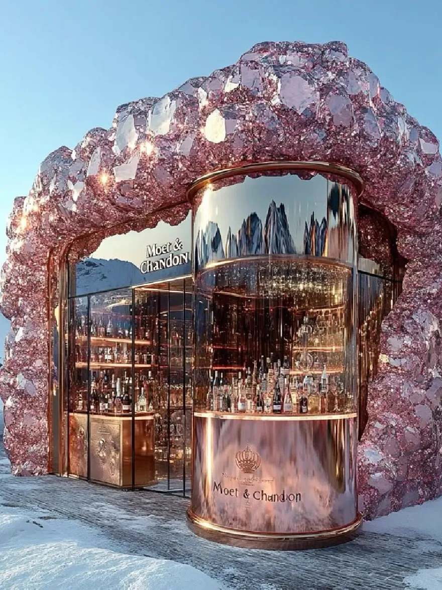 Русский промпт: Рендеринг роскошного, кристаллизованного покрытого льдом бара с потрясающим горным хребтом, отраженным в стекле. Бар расположен в снежном ландшафте с ясным синим небом на заднем плане. Структура украшена розовыми кристаллами, придавая ей роскошный и элегантный вид. На передней части бара есть знак, который гласит «Moet & Chandon» в золотых надписях. Внутри магазина есть полки, наполненные бутылками различных размеров и цветов. Общая атмосфера - одна из изощренности и роскоши. | Original prompt: A rendering of a luxurious, crystallized ice-covered bar with a stunning mountain range reflected in the glass. The bar is set in a snowy landscape, with a clear blue sky in the background. The structure is adorned with pink crystals, giving it a luxurious and elegant look. On the front of the bar, there is a sign that reads "Moet & Chandon" in gold lettering. Inside the store, there are shelves filled with bottles of various sizes and colors. The overall atmosphere is one of sophistication and luxury.