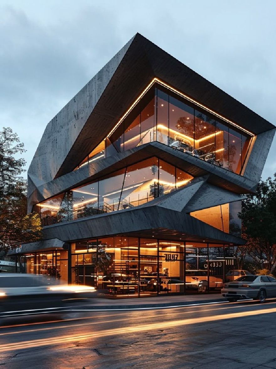 Русский промпт: Рендеринг современного современного офисного здания с уникальным архитектурным дизайном с треугольным бетонным фасадом и большими стеклянными окнами, которые отражают теплое оранжевое сияние заходящего солнца. Здание расположено на городской улице в сумерках, когда проезжают автомобили, создающие ощущение движения и энергии. Небо глубоко синее, с несколькими облаками, разбросанными по нему. Освещение мягкое и теплое, набрав мягкое свечение на внешней стороне здания. Общая атмосфера - одна из изощренности и элегантности. | Original prompt: A rendering of a modern, contemporary office building with a unique architectural design, featuring a triangular concrete facade and large glass windows that reflect the warm, orange glow of the setting sun. The building is situated on a city street at dusk, with cars passing by, creating a sense of movement and energy. The sky is a deep blue, with a few clouds scattered across it. The lighting is soft and warm, casting a gentle glow on the building's exterior. The overall atmosphere is one of sophistication and elegance.