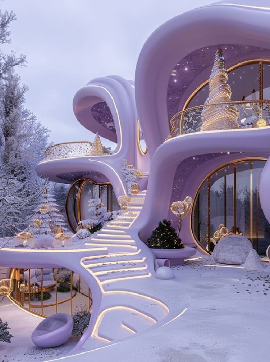 Русский промпт: Потрясающий, футуристический, фиолетовый и золотой дом с изогнутыми изогнутыми стенами и спиральной лестницей, окруженный снежным пейзажем. Внешний вид дома украшен рождественской елкой, украшенной золотыми украшениями и огнями, создавая волшебную и очаровательную атмосферу. Небо глубоко синее, с несколькими звездами, мерцающими в ночном небе. Дом расположен в середине изображения, с заснеженными деревьями с обеих сторон, добавляя к зимнему ощущению. Освещение мягкое и теплое, подчеркивая сложные детали архитектуры. Общий эффект - это роскошь и богатство, идеально подходящее для праздничного сезона. | Original prompt: A stunning, futuristic, purple and gold house with curved, curved walls and a spiral staircase, surrounded by a snowy landscape. The exterior of the house is decorated with a Christmas tree adorned with gold ornaments and lights, creating a magical and enchanting atmosphere. The sky is a deep blue, with a few stars twinkling in the night sky. The house is situated in the middle of the image, with snow-covered trees on either side, adding to the wintery feel. The lighting is soft and warm, highlighting the intricate details of the architecture. The overall effect is one of luxury and opulence, perfect for the holiday season.