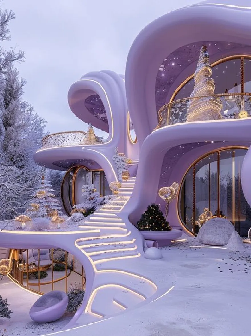 Русский промпт: Потрясающий, футуристический, фиолетовый и золотой дом с изогнутыми изогнутыми стенами и спиральной лестницей, окруженный снежным пейзажем. Внешний вид дома украшен рождественской елкой, украшенной золотыми украшениями и огнями, создавая волшебную и очаровательную атмосферу. Небо глубоко синее, с несколькими звездами, мерцающими в ночном небе. Дом расположен в середине изображения, с заснеженными деревьями с обеих сторон, добавляя к зимнему ощущению. Освещение мягкое и теплое, подчеркивая сложные детали архитектуры. Общий эффект - это роскошь и богатство, идеально подходящее для праздничного сезона. | Original prompt: A stunning, futuristic, purple and gold house with curved, curved walls and a spiral staircase, surrounded by a snowy landscape. The exterior of the house is decorated with a Christmas tree adorned with gold ornaments and lights, creating a magical and enchanting atmosphere. The sky is a deep blue, with a few stars twinkling in the night sky. The house is situated in the middle of the image, with snow-covered trees on either side, adding to the wintery feel. The lighting is soft and warm, highlighting the intricate details of the architecture. The overall effect is one of luxury and opulence, perfect for the holiday season.