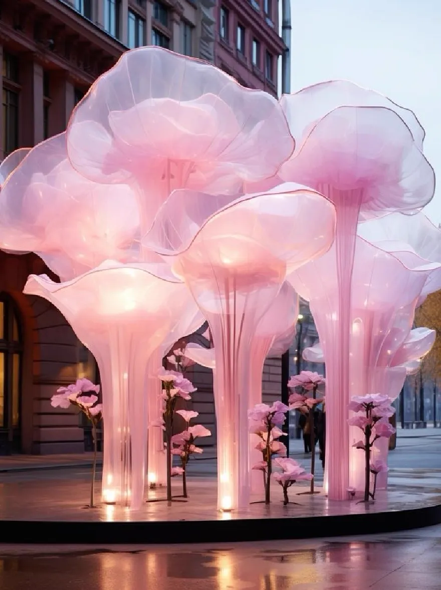 Русский промпт: Группа высоких, полупрозрачных, розовых, похожих на тюльпан, которые напоминают цветы, освещенные мягкими розовыми огнями, стоят посреди городской улицы в сумерках. Структуры расположены в симметричном рисунке, каждая структура напоминает цветок и окружена маленькими тонкими розовыми цветами. Здания на заднем плане высокие и современные, с большими окнами, отражающими теплый, мягкий свет. Небо глубоко синее, с несколькими тонкими облаками. Изображение обладает мечтательным, эфирным качеством, а общее настроение - мирное и безмятежное. | Original prompt: A group of tall, translucent, pink tulip-like structures that resemble flowers, illuminated by soft pink lights, stand in the middle of a city street at dusk. The structures are arranged in a symmetrical pattern, with each structure resembling a flower, and are surrounded by small, delicate pink flowers. The buildings in the background are tall and modern, with large windows reflecting the warm, soft light. The sky is a deep blue, with a few wispy clouds. The image has a dreamy, ethereal quality to it, and the overall mood is peaceful and serene.