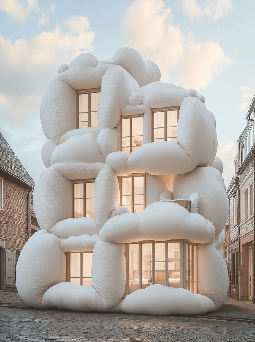 Русский промпт: Фотография современного цилиндрического здания, сделанного из белых пушистых облаков, расположенных в середине булыжного улицы. Здание имеет несколько уровней, каждый из которых с несколькими окнами, и освещается мягким, теплым освещением. Небо ясное синее с несколькими разбросанными облаками, и на заднем плане садится солнце, прописывая теплый сияние на сцене. Здания по обе стороны от здания частично скрыты облаками, что дает ощущение глубины и измерения изображению. Общая эстетика изображения причудна и мечтательна, с акцентом на облачную структуру. | Original prompt: A photograph of a modern, cylindrical building made of white, fluffy clouds, situated in the middle of a cobblestone street. The building has multiple levels, each with multiple windows, and is illuminated by soft, warm lighting. The sky is a clear blue with a few scattered clouds, and the sun is setting in the background, casting a warm glow over the scene. The buildings on either side of the building are partially obscured by the clouds, giving a sense of depth and dimension to the image. The overall aesthetic of the image is whimsical and dreamy, with a focus on the cloud-like structure.