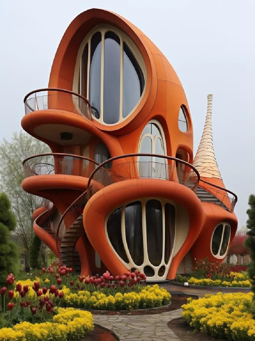 Русский промпт: Фотография футуристического, оранжевого, изогнутого здания с большими окнами и спиральной лестницей, ведущей к входу. Здание имеет конусную крышу и окружена цветочным слоем с желтыми и красными тюльпанами. Небо ясное и синее, и на заднем плане есть деревья. Изображение имеет высококачественное, художественное ощущение с мягкой, приглушенной цветовой палитрой. Освещение мягкое и естественное, создавая мирную атмосферу. | Original prompt: Photo of a futuristic, orange, curved building with large windows and a spiral staircase leading up to the entrance. The building has a cone-shaped roof and is surrounded by a flower bed with yellow and red tulips. The sky is clear and blue, and there are trees in the background. The image has a high-quality, artistic feel with a soft, muted color palette. The lighting is soft and natural, creating a peaceful atmosphere.