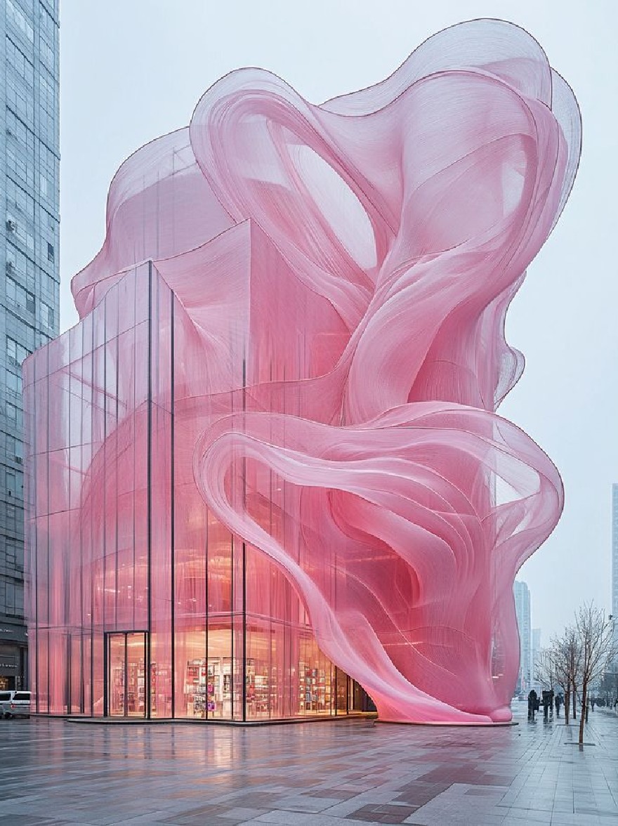 Русский промпт: Изображение показывает современное, полупрозрачное здание с изогнутым волнистым фасадом, который легко сочетается с окружающими зданиями. Здание изготовлено из стекла и имеет розовый, полупрозрачный материал, который создает завораживающий эффект. Фасад освещается мягким розовым освещением, которое прекрасно контрастирует с окружающими небоскребами. Люди можно увидеть, ходящие по зданию, а небо видно на заднем плане. Изображение имеет минималистское городское чувство с акцентом на современную архитектуру. | Original prompt: The image shows a modern, translucent building with a curved, wavy facade that blends seamlessly into the surrounding buildings. The building is made of glass and has a pink, translucent material that creates a mesmerizing effect. The facade is illuminated by soft pink lighting, which contrasts nicely with the surrounding skyscrapers. People can be seen walking around the building, and the sky is visible in the background. The image has a minimalist, urban feel with a focus on contemporary architecture.