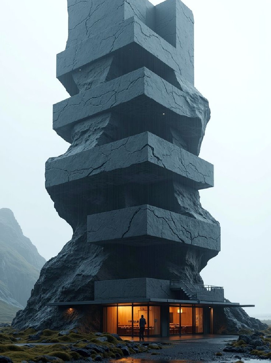 Русский промпт: A futuristic, tall, imposing structure made of rough, cracked slate, situated on a rocky shoreline with a serene, misty mountain range in the background. Структура имеет уникальную, угловую форму с несколькими уровнями, а ее внешность освещается мягким, теплым освещением. Человек стоит перед конструкцией, глядя на расстояние. Небо - туманный синий, а земля покрыта пятнами травы и камней. Общее настроение - это страх и удивление, с чувством одиночества и одиночества. | Original prompt: A futuristic, tall, imposing structure made of rough, cracked slate, situated on a rocky shoreline with a serene, misty mountain range in the background. The structure has a unique, angular shape with multiple levels, and its exterior is illuminated by soft, warm lighting. A person stands in front of the structure, gazing out into the distance. The sky is a hazy blue, and the ground is covered in patches of grass and rocks. The overall mood is one of awe and wonder, with a sense of solitude and solitude.