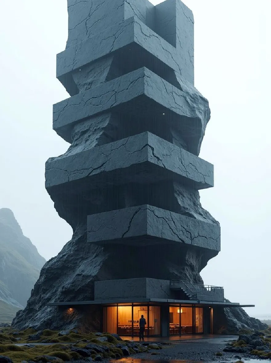 Русский промпт: A futuristic, tall, imposing structure made of rough, cracked slate, situated on a rocky shoreline with a serene, misty mountain range in the background. Структура имеет уникальную, угловую форму с несколькими уровнями, а ее внешность освещается мягким, теплым освещением. Человек стоит перед конструкцией, глядя на расстояние. Небо - туманный синий, а земля покрыта пятнами травы и камней. Общее настроение - это страх и удивление, с чувством одиночества и одиночества. | Original prompt: A futuristic, tall, imposing structure made of rough, cracked slate, situated on a rocky shoreline with a serene, misty mountain range in the background. The structure has a unique, angular shape with multiple levels, and its exterior is illuminated by soft, warm lighting. A person stands in front of the structure, gazing out into the distance. The sky is a hazy blue, and the ground is covered in patches of grass and rocks. The overall mood is one of awe and wonder, with a sense of solitude and solitude.